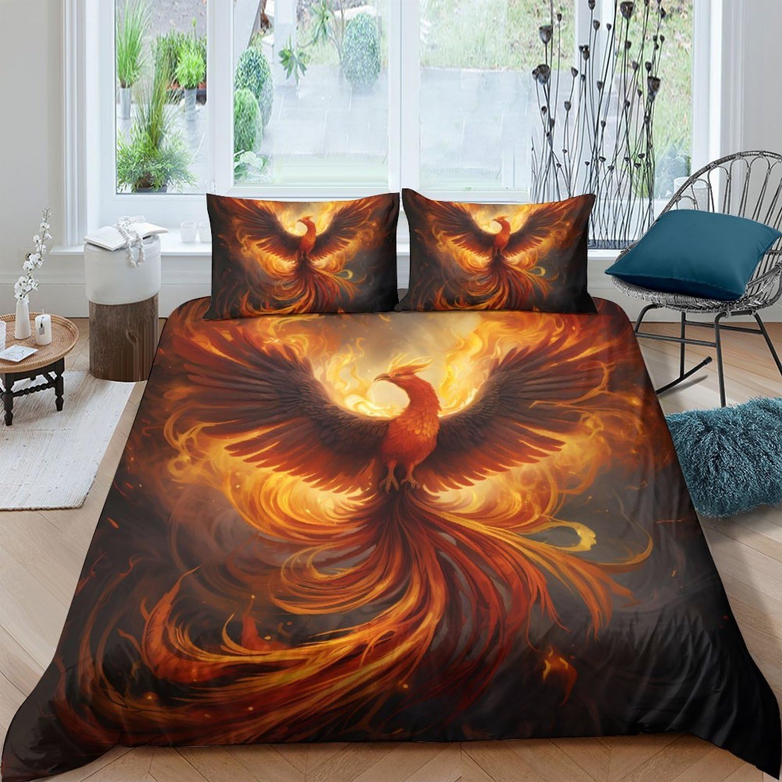 GPLZQXKJNH 3D Printed Phoenix Fire Duvet Cover Microfiber Soft Breathable Flame Quilt Cover Set with 2 Pillowcases for Bedroom Decor Single（135x200cm）