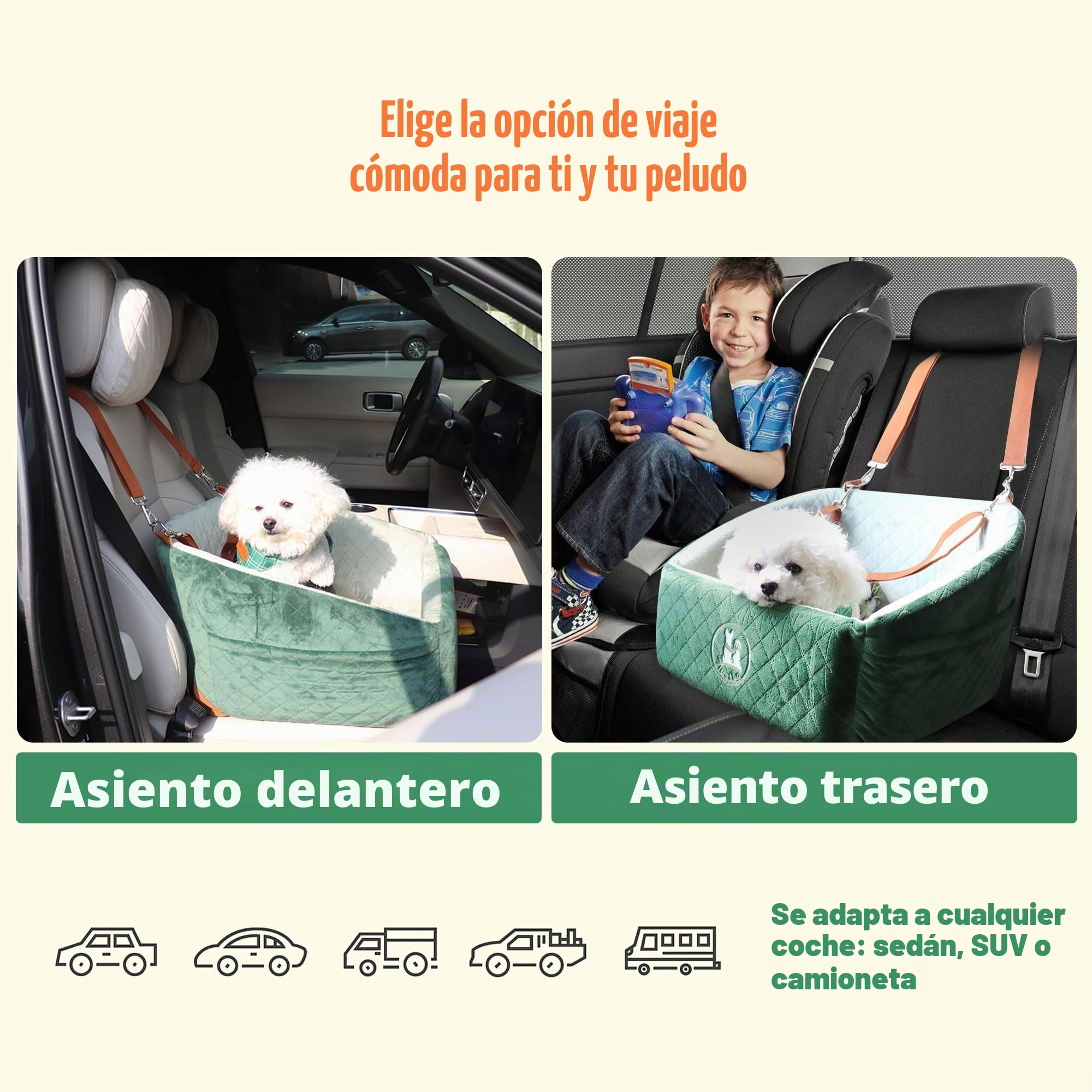Asiento Perro Coche para Perros Pequeños y Medianos Transportin Cama de Viaje para Mascotas, Delantero o Posterior, hasta 15 kg