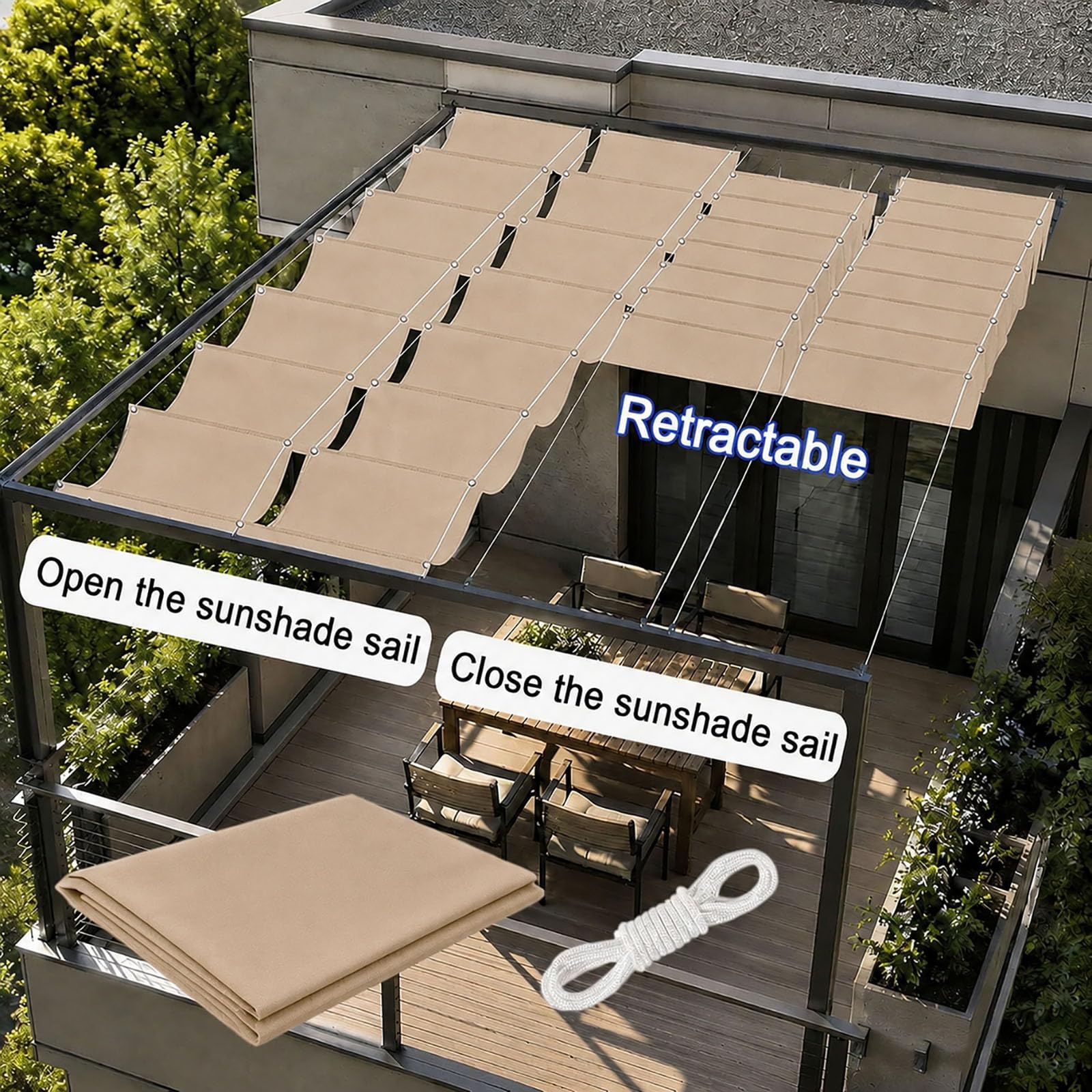 Ausziehbares Wellen-Sonnensegel 1.3 x 5.8 m PES Markisenstoff Sonnenschutz Wasserdicht Stabil Windabweisend Sonnensegel Wasserdicht mit Ösen für Balkon Terrasse Garten, Khaki