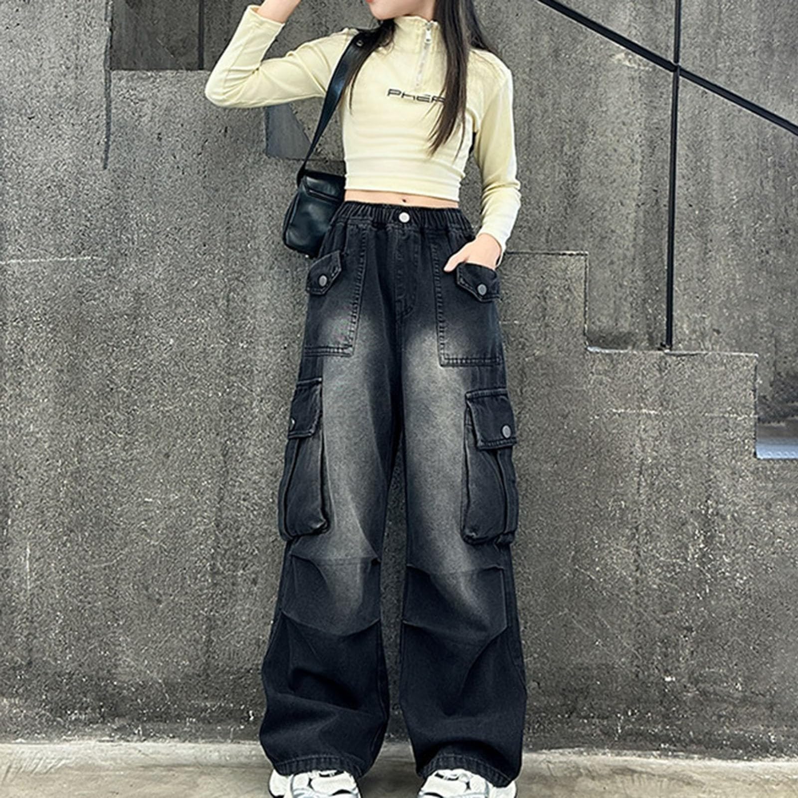 Baggy Cargo Jeans Mädchen Weites Bein High Waist Teenager Cool Jeans Hip Hop Cargohosen Gummibund Vintage Lässige Soft Jeanshose Retro