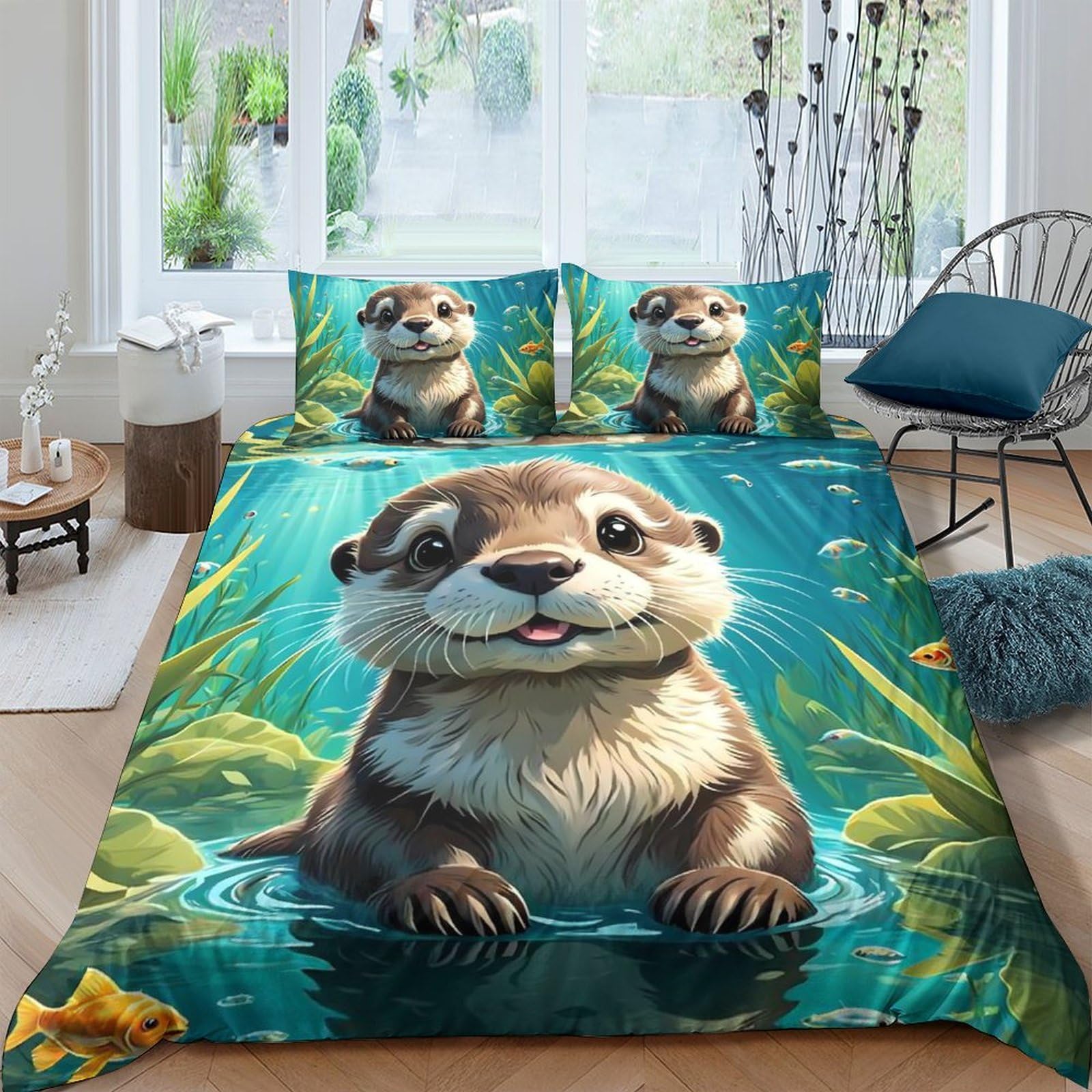 Ctjqhvkz Style-5 3D Printed Otter River Fitted Sheet Microfiber Soft Anti-Slip Nature Lake Bed Cover For Bedroom Guest Room Decor Single（135X200cm）
