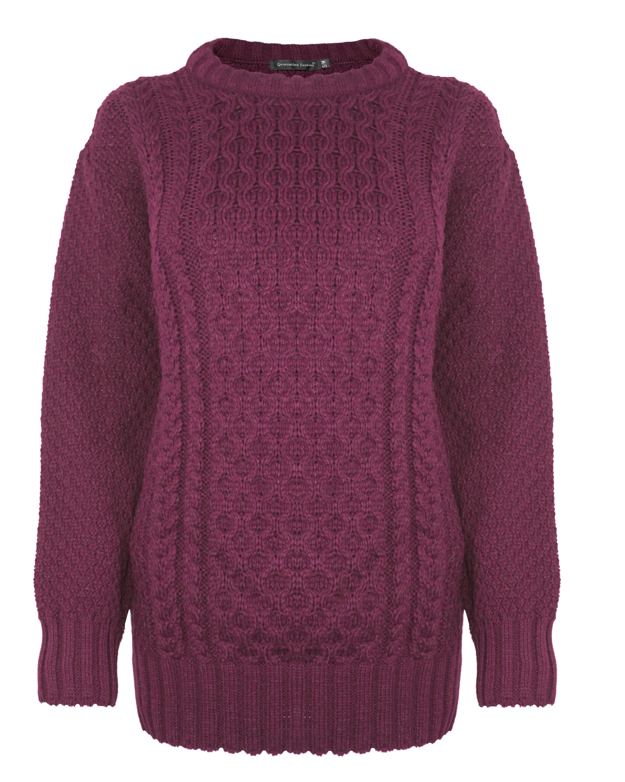 Generation Fashion New Ladies Women Aran Knit Long Sleeve Crew Neck Knitted Cable Jumper Sweater Pullover Top 8-30 (Wine,28-30)
