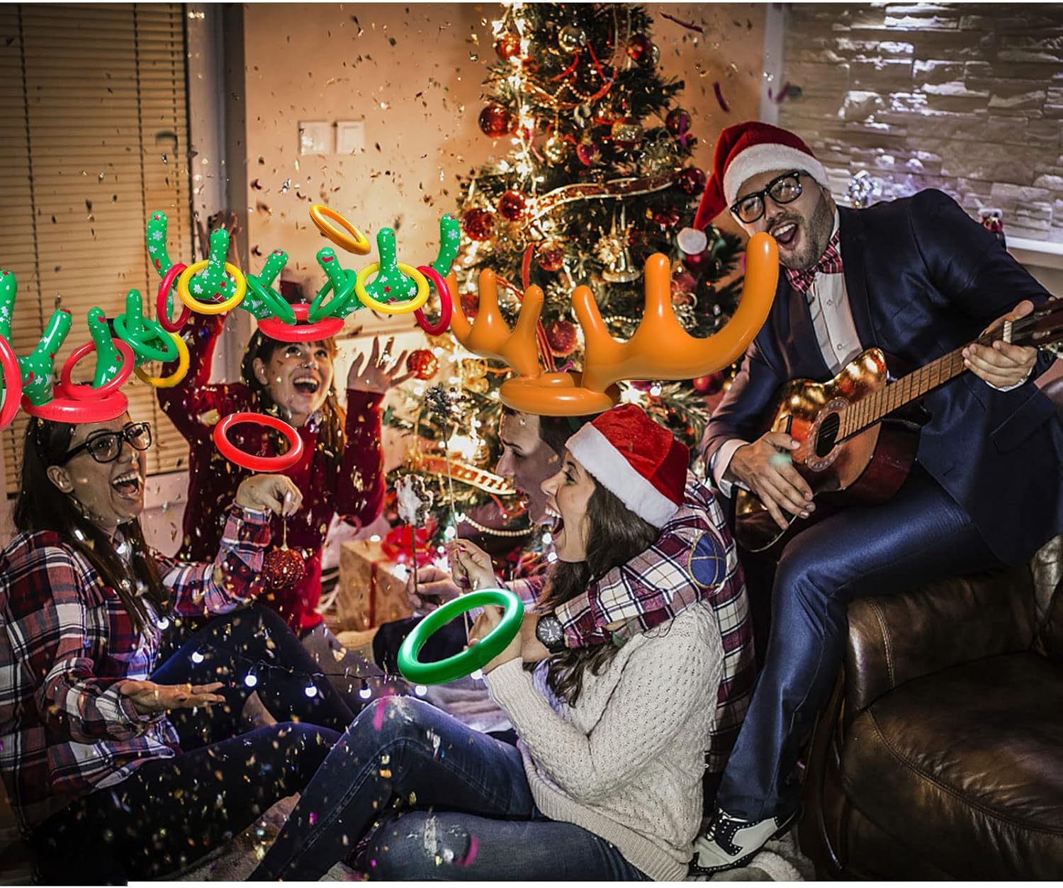4 Sets Christmas Inflatable Reindeer Antler Ring Toss Game School Family Favors Party Gift Supplies Outdoor Indoor Toy (24 Rings with 4 Reindeer Noses)
