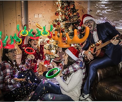 Miniatura 5 de Juego de 4 anillos inflables de Navidad de cuernos de reno para la escuela, recuerdos de la familia, suministros de regalo de fiesta, juguete para