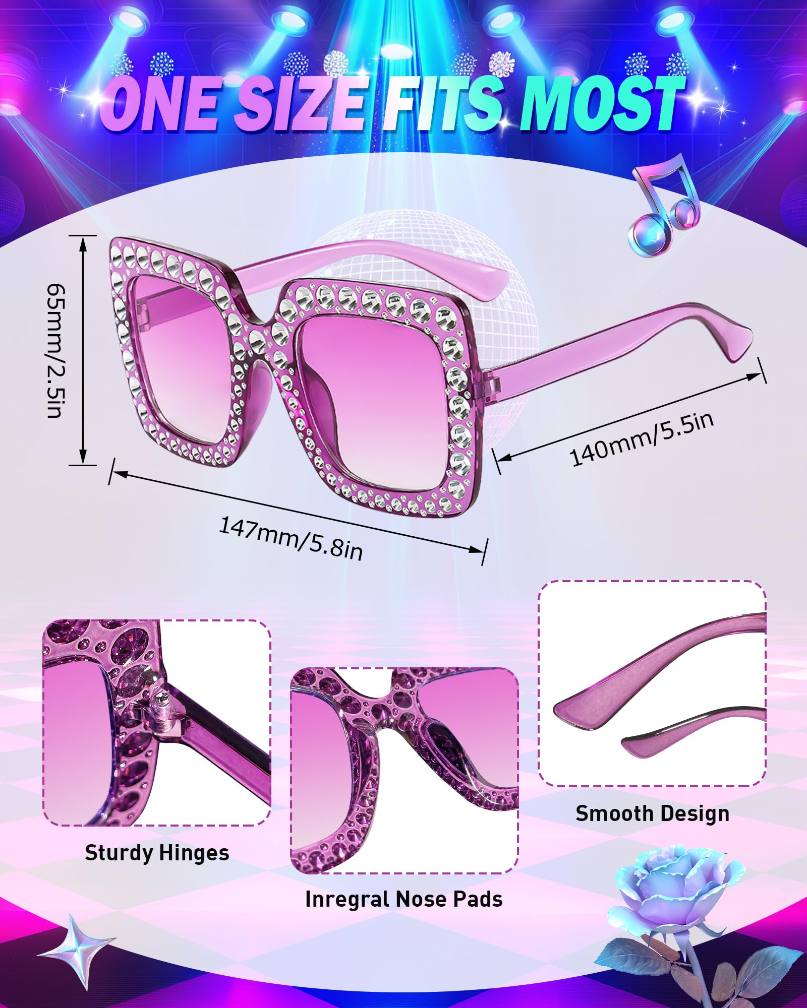 Pibupibu Lot de 48 lunettes de soleil classiques et pailletées disco surdimensionnées en cristal style années 70 avec strass