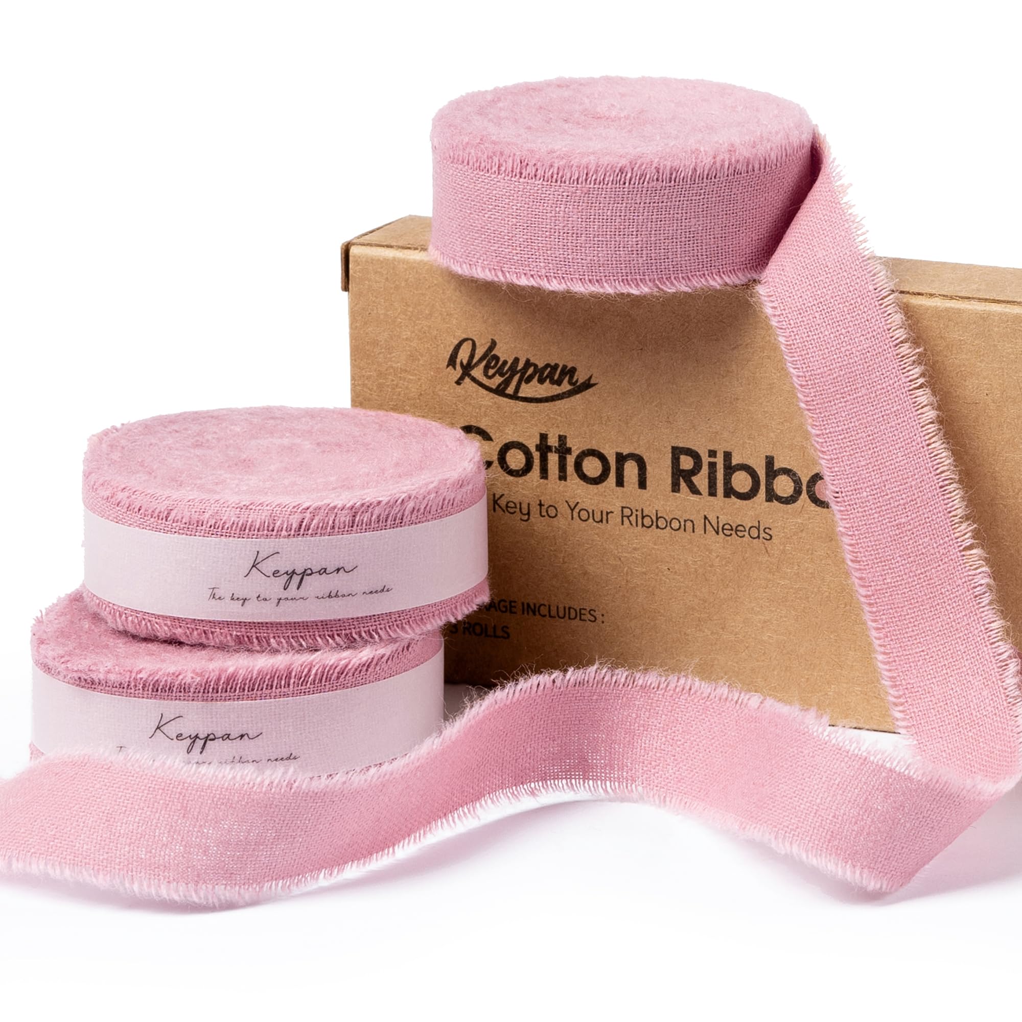 Keypan Pink Ribbon 16 mm x 19.2 m with Frayed Fringe Fabric Cotton Ribbons for Gift Wrapping Wedding Invitations Flower Bouquet Baby Shower