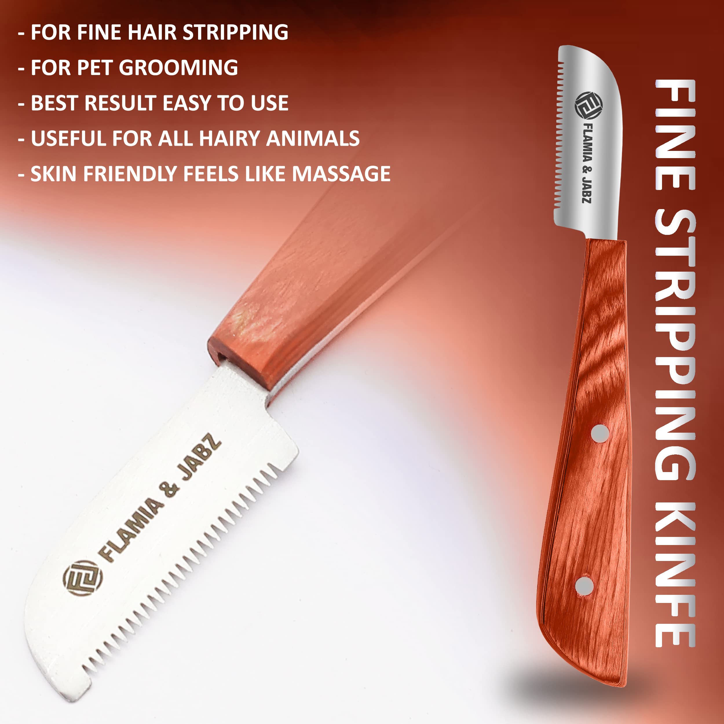 FLAMIA & JABZ Kit spelafili professionale (set da 6 pezzi) per cani e animali domestici, manico in legno con lama in acciaio inox (destrorsi) (arancione)