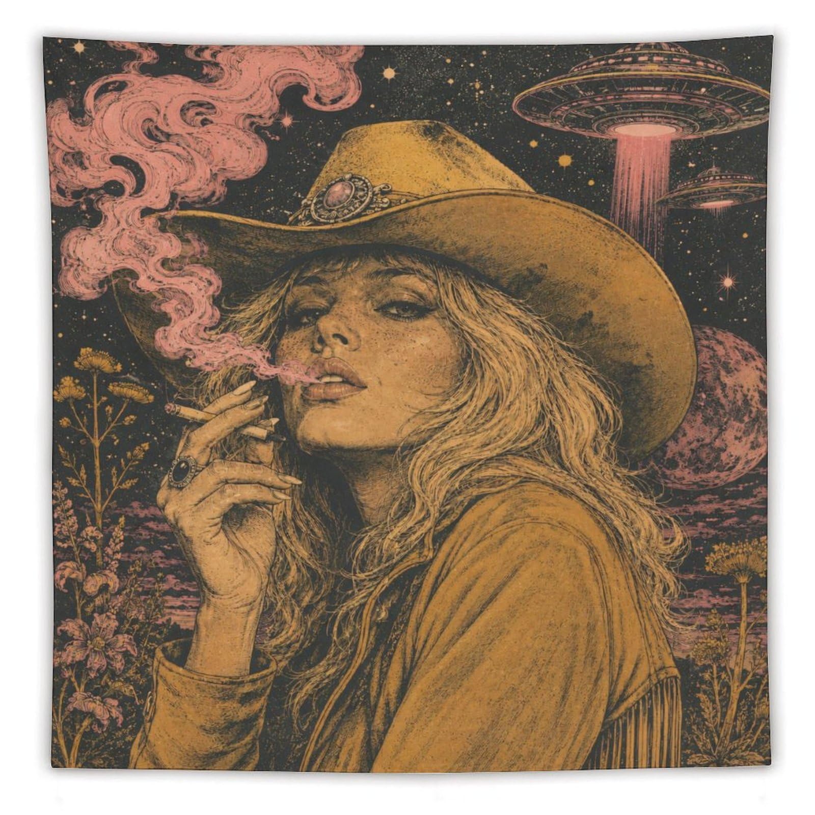 W7C8U2X3 Cowgirl Smoking under UFO Wall Tapestry, Ceiling Hanging