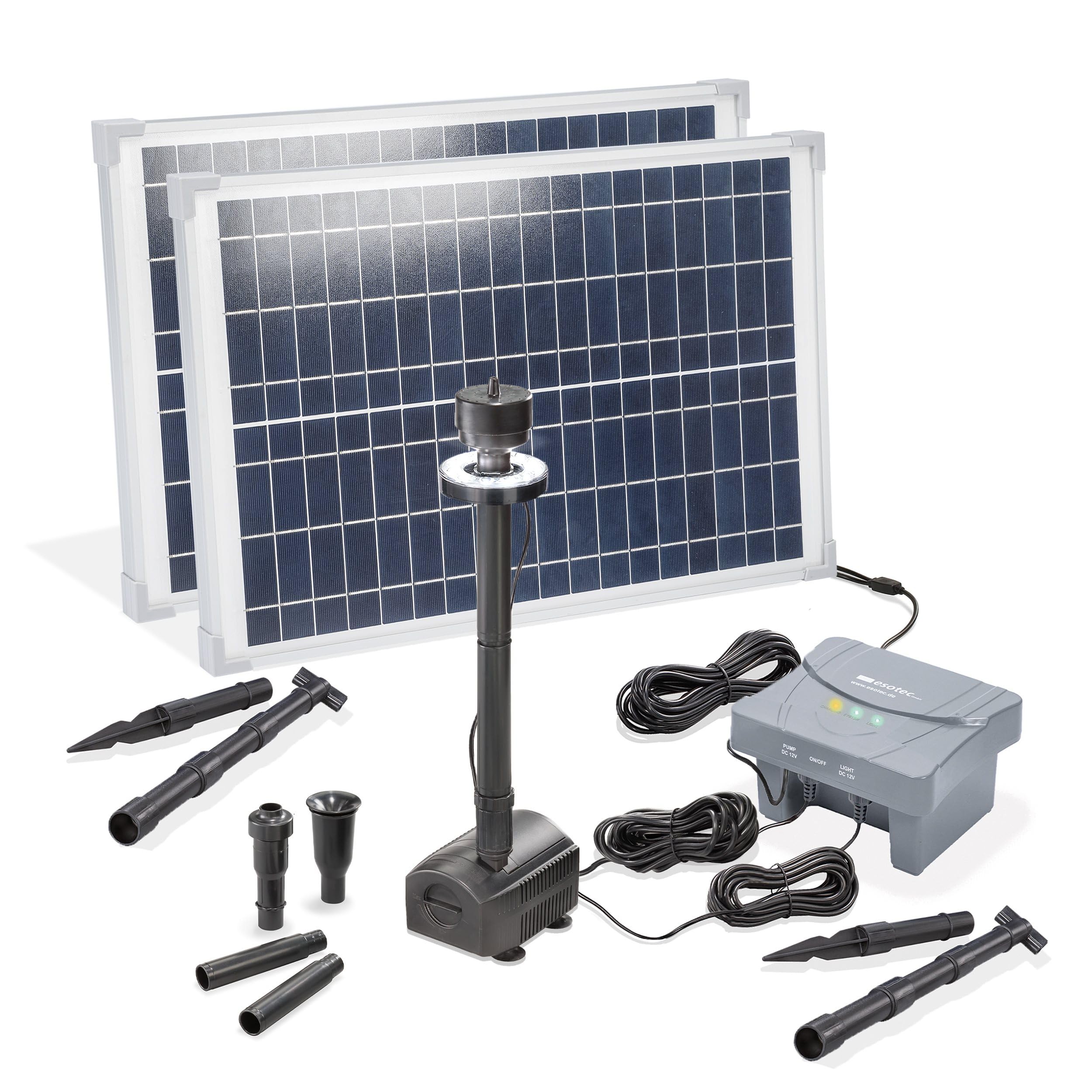 esotec Solar Teichpumpenset 50 1400 LED, Sprinklerpumpe 1400/h, LiFePo4 Akku, Filter, Erdspieß Solarmodule 50W, Solarbrunnen Gartenteich, Wasserspiel Springbrunnenpumpe, Komplettset, außen 101939