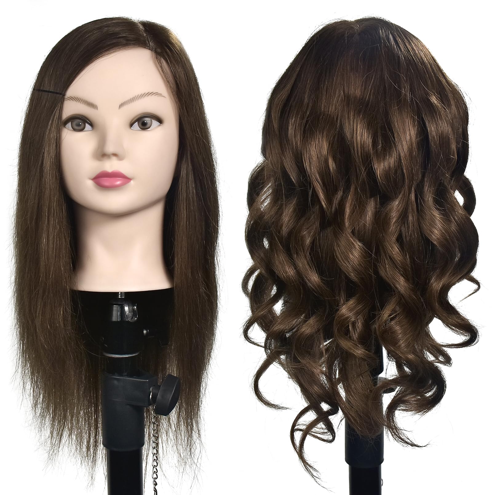 Cabeza de maniquí 16"-18" Mujer 100% pelo humano Peluquería Cosmetología Maniquí Maniquí Cabeza de entrenamiento Cabeza de muñeca de pelo con soporte de pinza de mesa