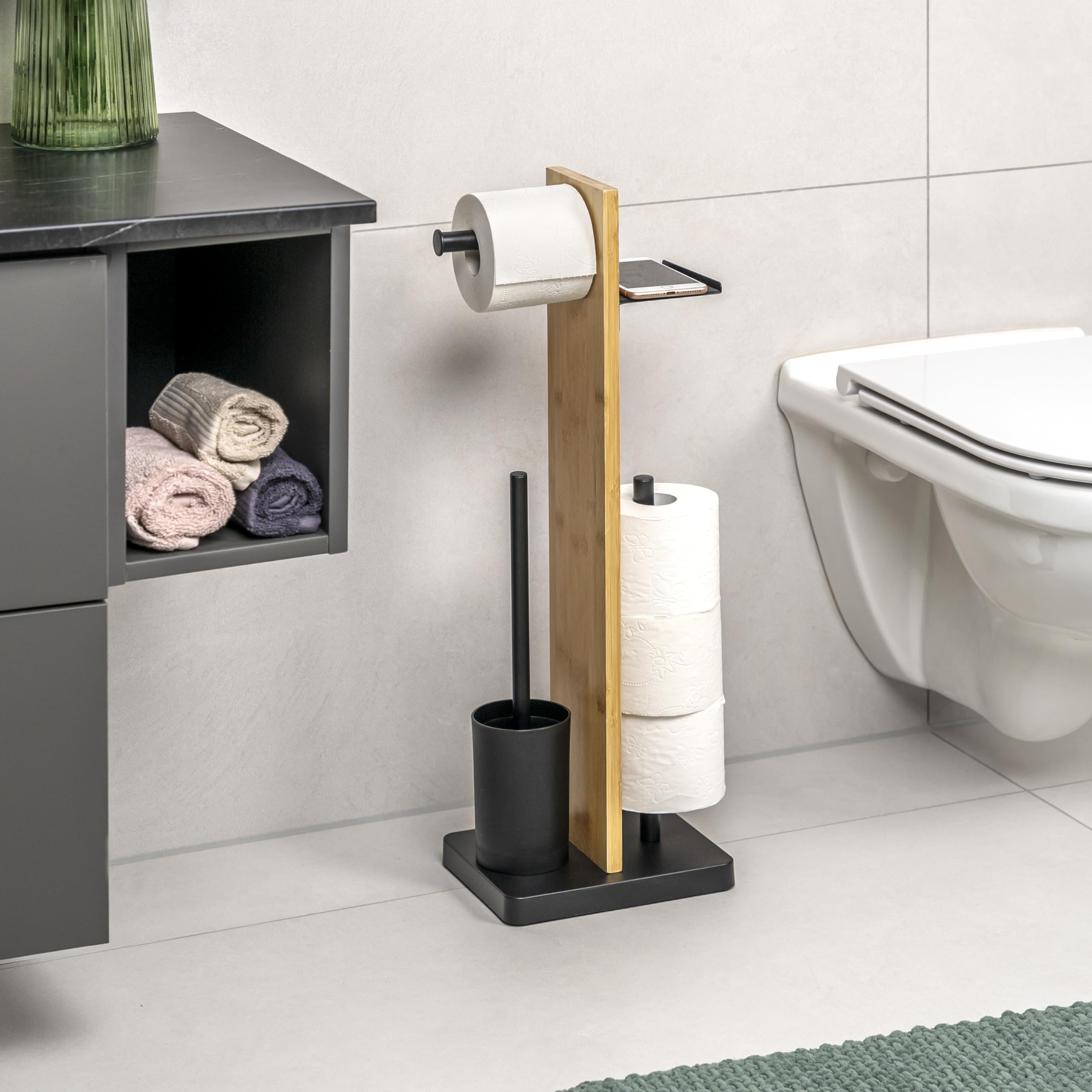 eluno Set per WC a pavimento 4 in 1, scopino per WC, porta rotolo, ripiano, bambù/metallo (nero)