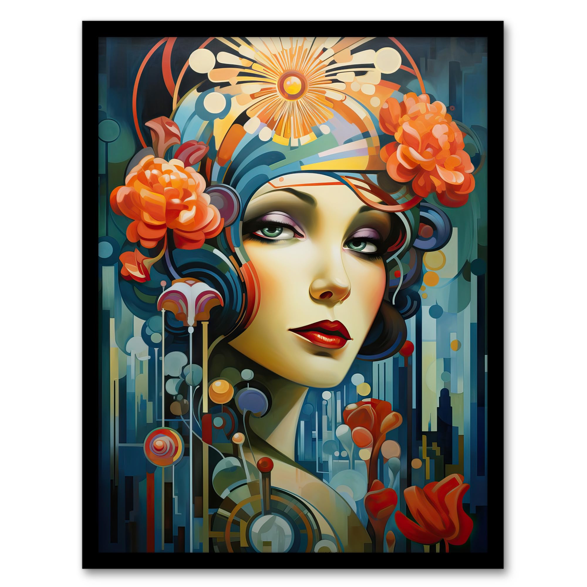Artery8 Metropolis Art Deco Woman Portrait With Flowers Artwork Bold Bright Artwork Framed Wall Art Print 18X24 Inch