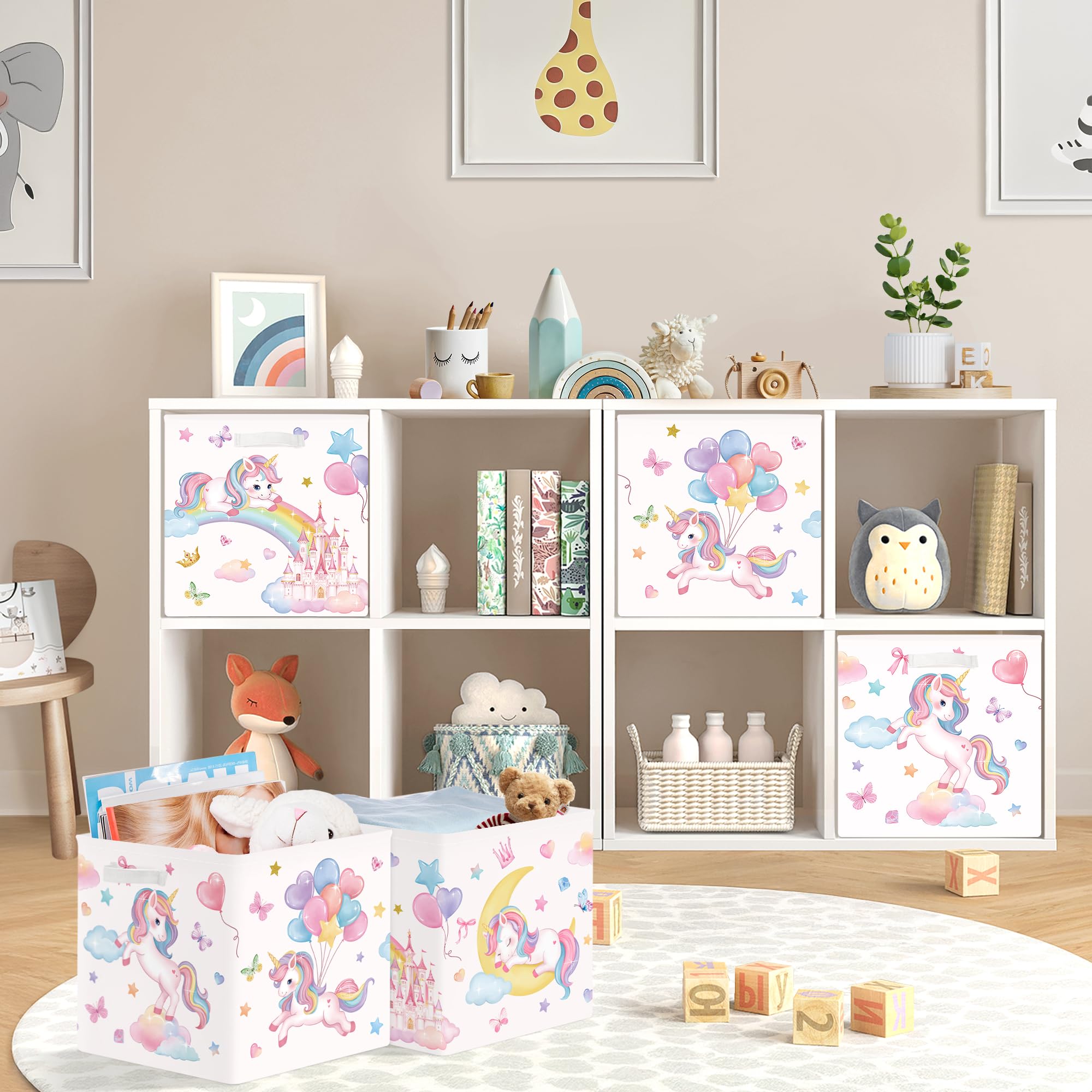 30cm Set di 3 Scatole Portaoggetti Arcobaleno Unicorno Contenitore Porta Giochi Ragazza Pieghevole Palloncini Rosa Cubi Portaoggetti per Libreria Kallax Salotto, Corona Castello