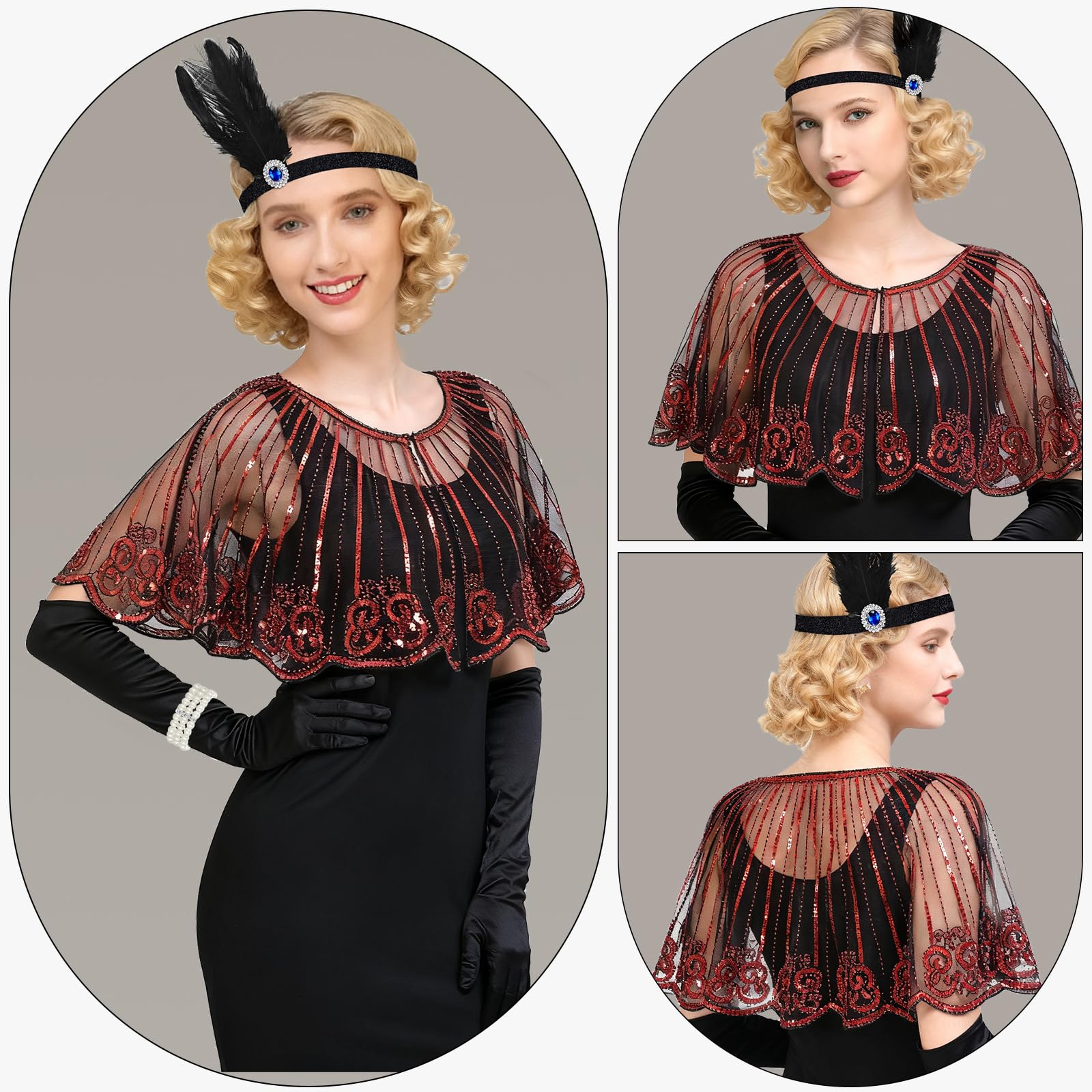 ELECLAND 10 Pieces 1920s Flapper Great Gatsby Accessories Set Fashion Roaring 20's Theme Set including Headband Headpiece Long Black Gloves Necklace Earrings for Women (Red - Image 2