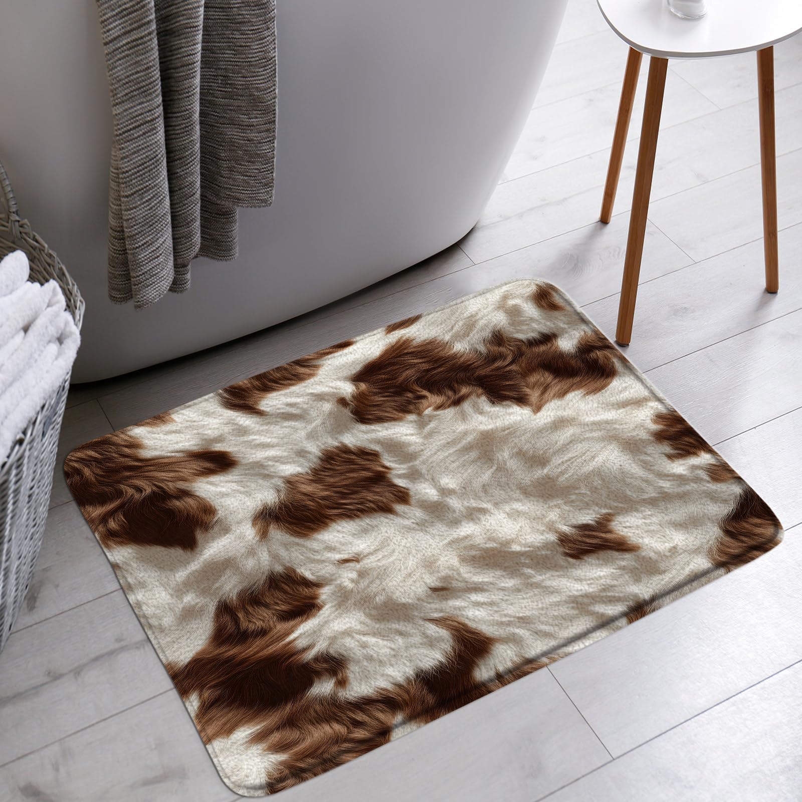 Cowhide Bath Mat Brown Cow Skin Fur Print Farmhouse Animal Western Rustic Bathroom Bathtub Floor Rugs Doormat Toilet
