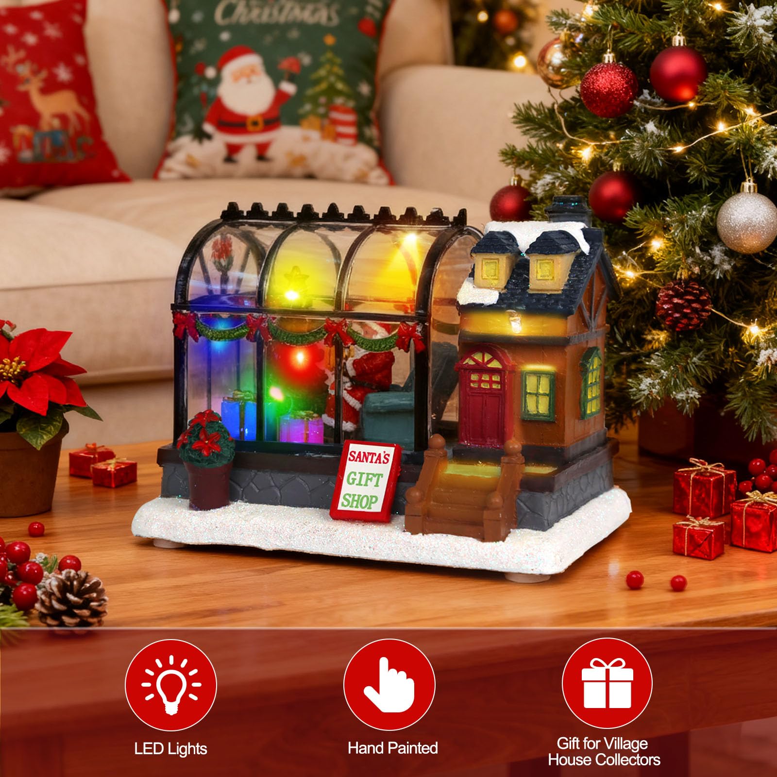 Serre de village de Noël éclairée par LED – Décoration de maison de village de Noël de 15,5 cm, bâtiments de collection pour décoration de vacances pour la maison, la salle de bal et le bureau