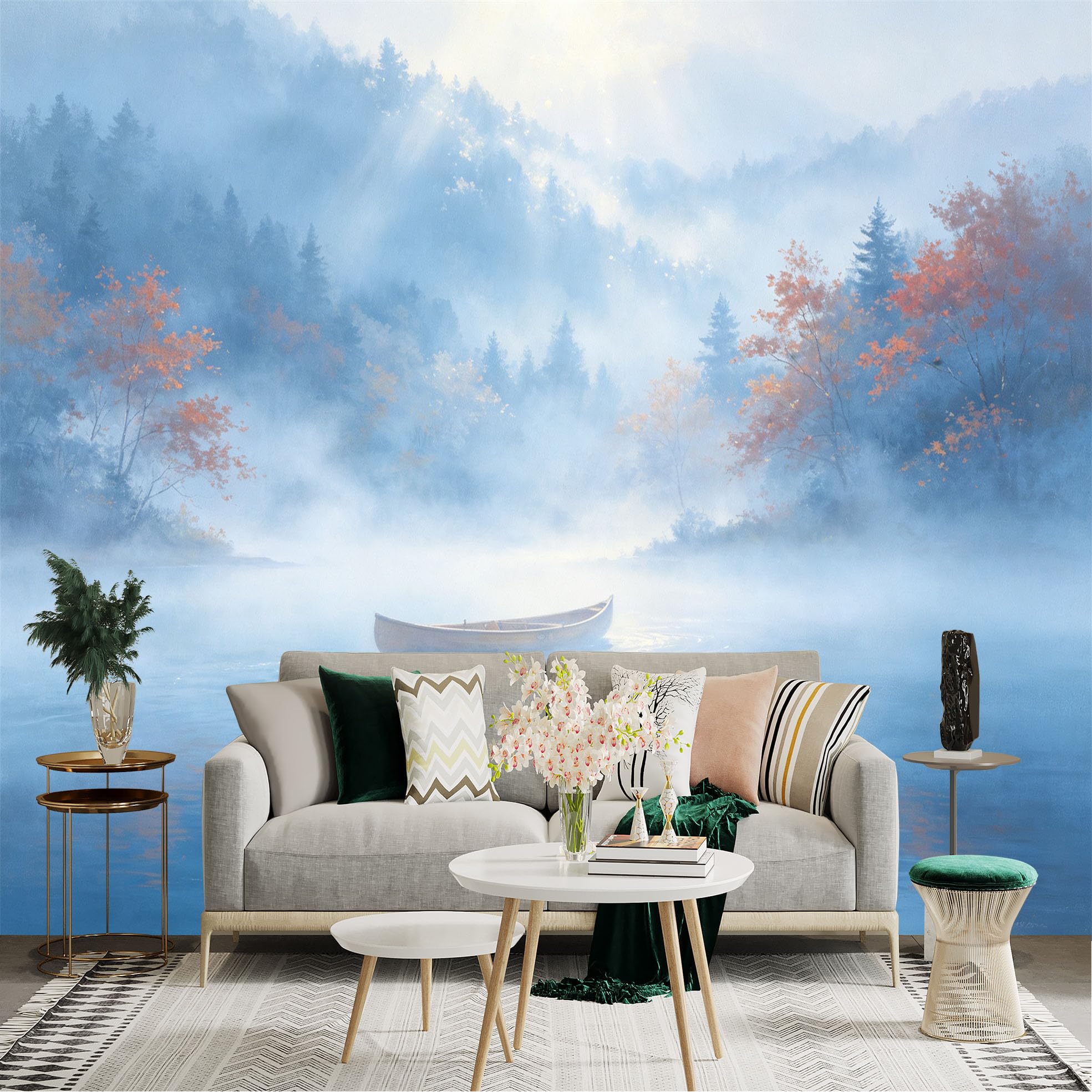 Custom Size Wall Sticker Mural， Misty Lake with Canoe， Morning Foggy Forest， Serene Autumn Landscape， for wall Decoration， peelandstick wall Decals.