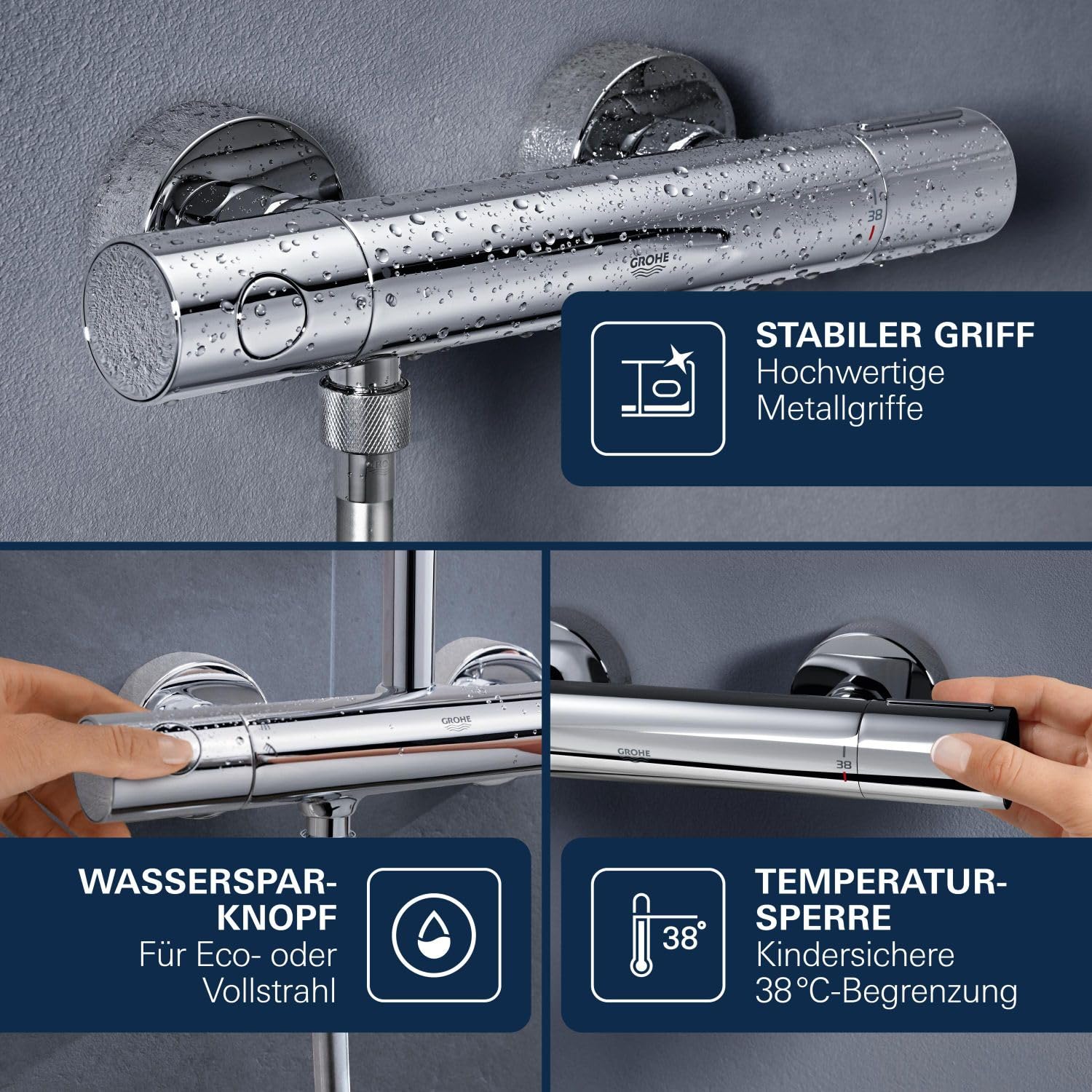 GROHE Precision Get, Duscharmatur, wassersparend (Thermostat für stets konstante Temperatur, Verbrühschutz bei 38°C, Mischbatterie Dusche mit Wasserspartaste und Metallgriffen), chrom, 34773000