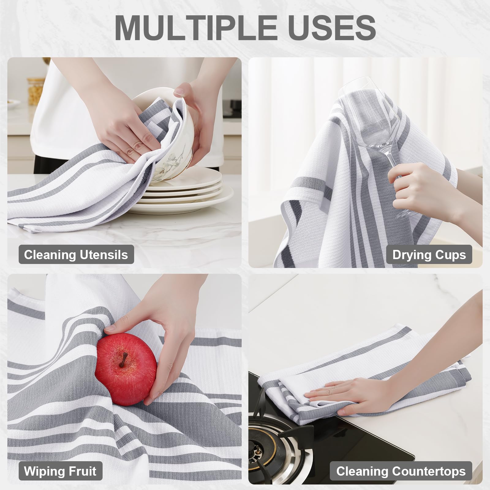 Homaxy Premium Kitchen Towels 18”x 28”, Large Cotton 380 GSM Kitchen Hand Towels, Stripe and Terry Dish Towel, Highly Absorbent Tea Towel Set with Hanging Loop, 6 Pack, Grey