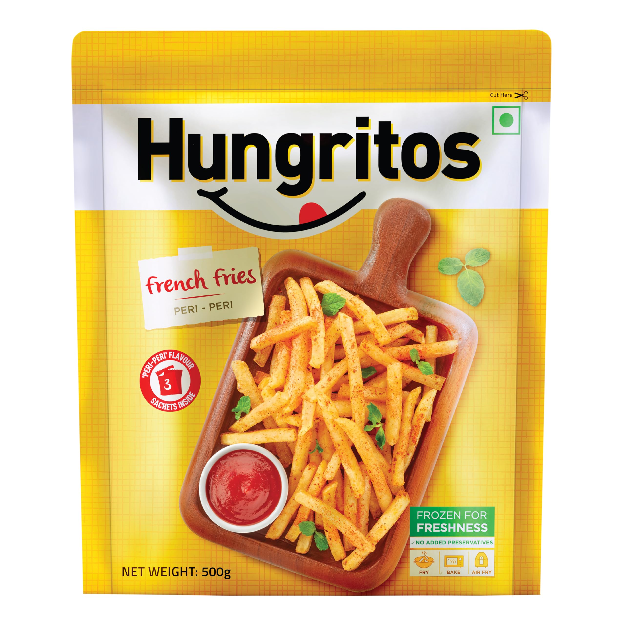 Hungritos French Fries Peri-Peri | Crunchy & Crispy Fries | 3 Peri-Peri Flavour Sachets | 500g | Anytime cravings | Evening Snack | Zip Lock Seal Pack | Ready-to-Cook | Veg Frozen Snack