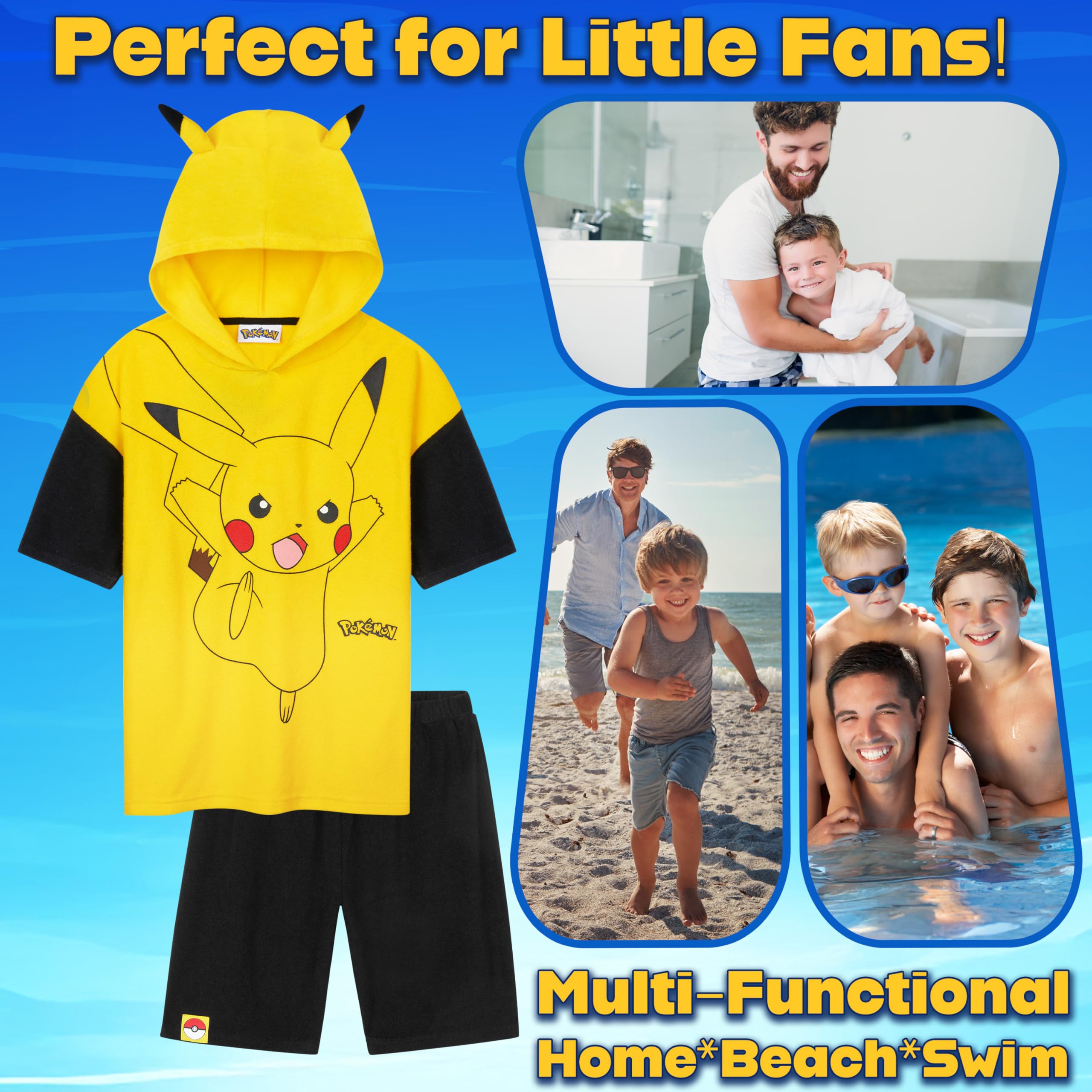 Pokémon T-shirt Été Capuche et Short Ensembles Garçon Ado 2 Pièces Éponge Absorbant Pikachu Tenue Piscine Plage Anime Cadeau Garçon