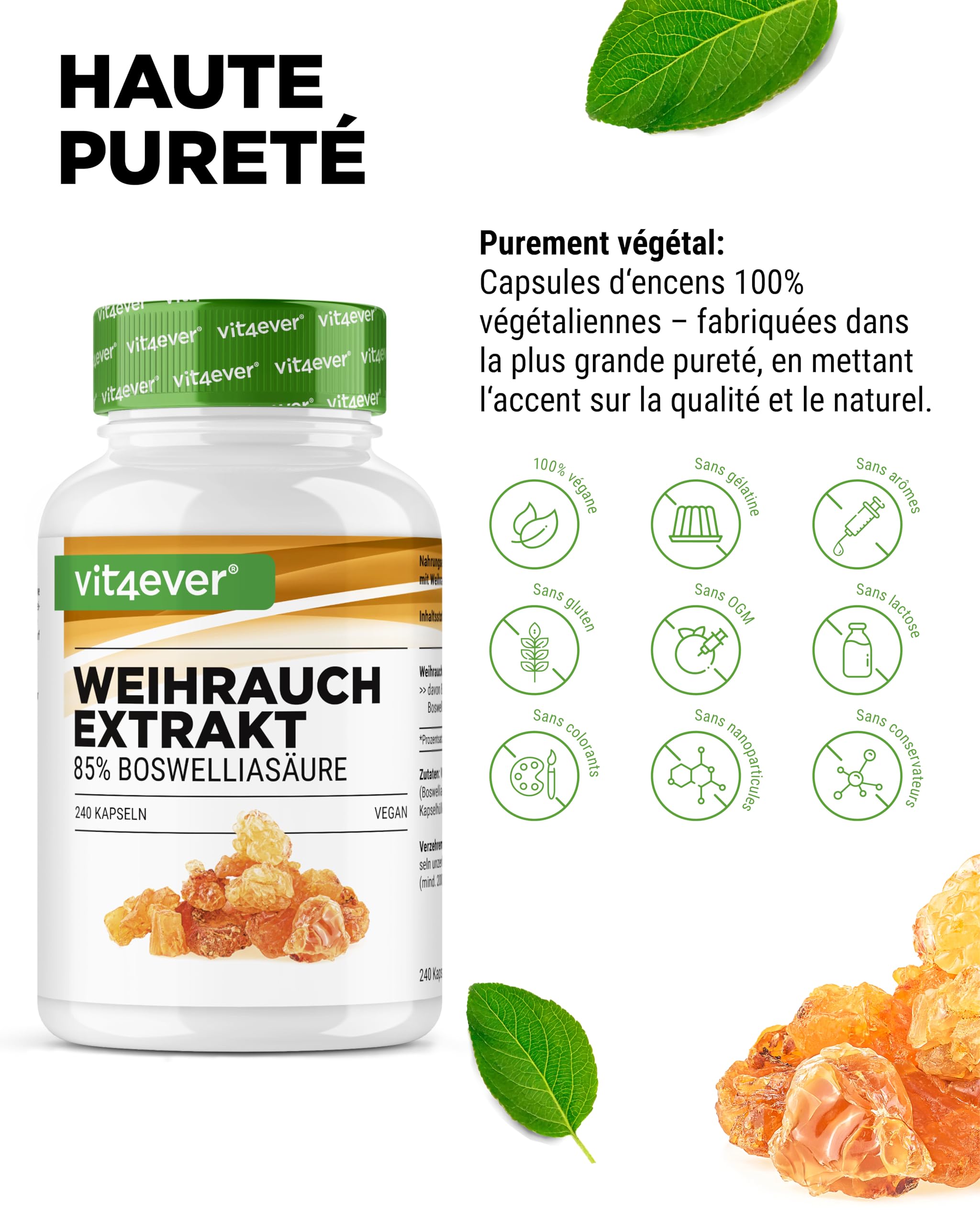 vit4ever Extrait d’Encens - 240 capsules Véganes - 1000 mg par Portion Quotidienne - Avec 85% d’Acides Boswelliques issus de Véritable Boswellia serrata Indien - Hautement Dosé & Qualité Premium