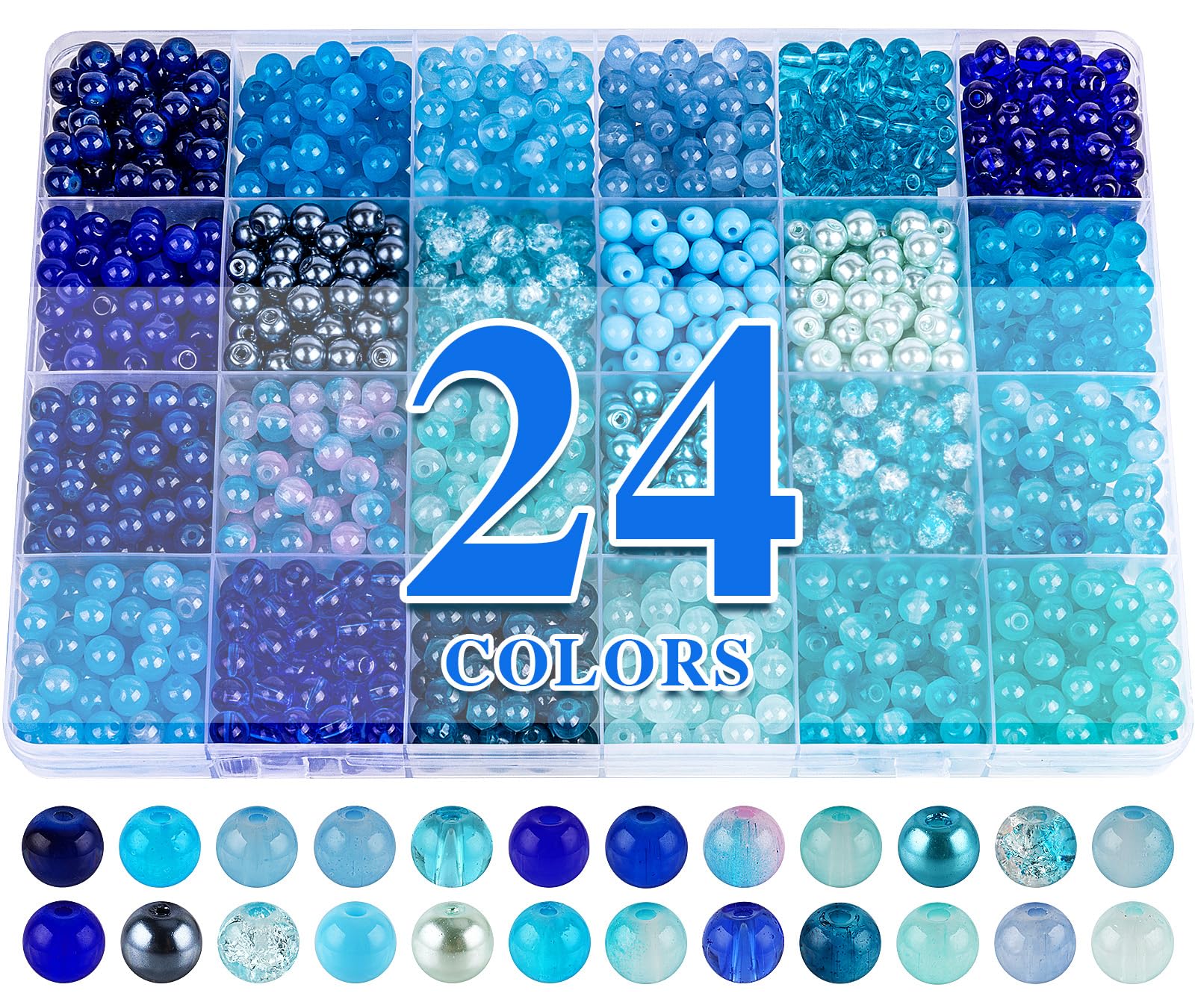 XSEINO About 1200PCS 6mm Glass Beads Bracelet Making Kit,24 Assorted Dreamy Blue Ocean Series Colorful Crystal Beads for Bracelet and Jewelry Making and DIY Crafts,Friendship Bracelets
