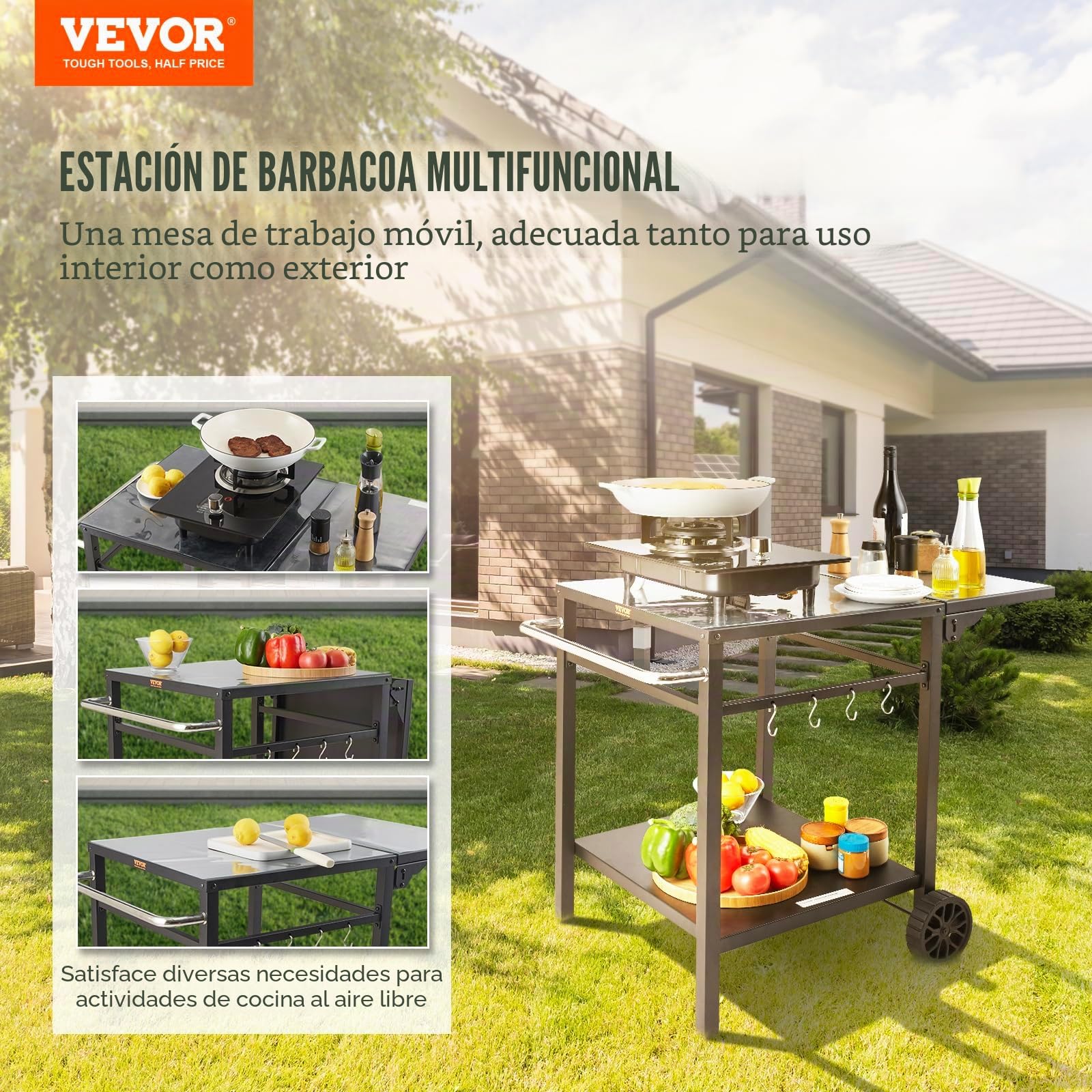 VEVOR Carrito de Comedor para Barbacoa al Aire Libre con Estante Doble, Mesa Móvil de Preparación de Alimentos para Barbacoa, Mesa de Hierro Plegable Multifuncional, Carros Modulares para Exteriores