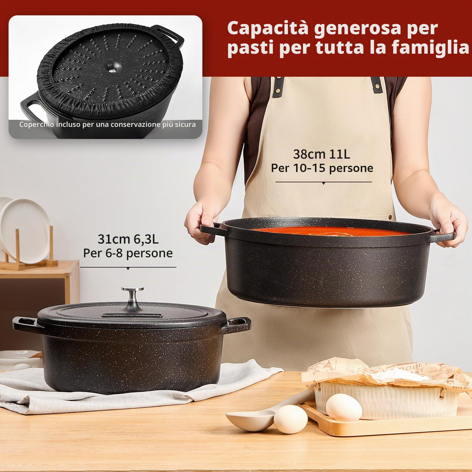 Casseruola ovale in ghisa a induzione Pentola 6,3 L 31 cm di alluminio, rivestimento antiaderente effetto pietra, nero