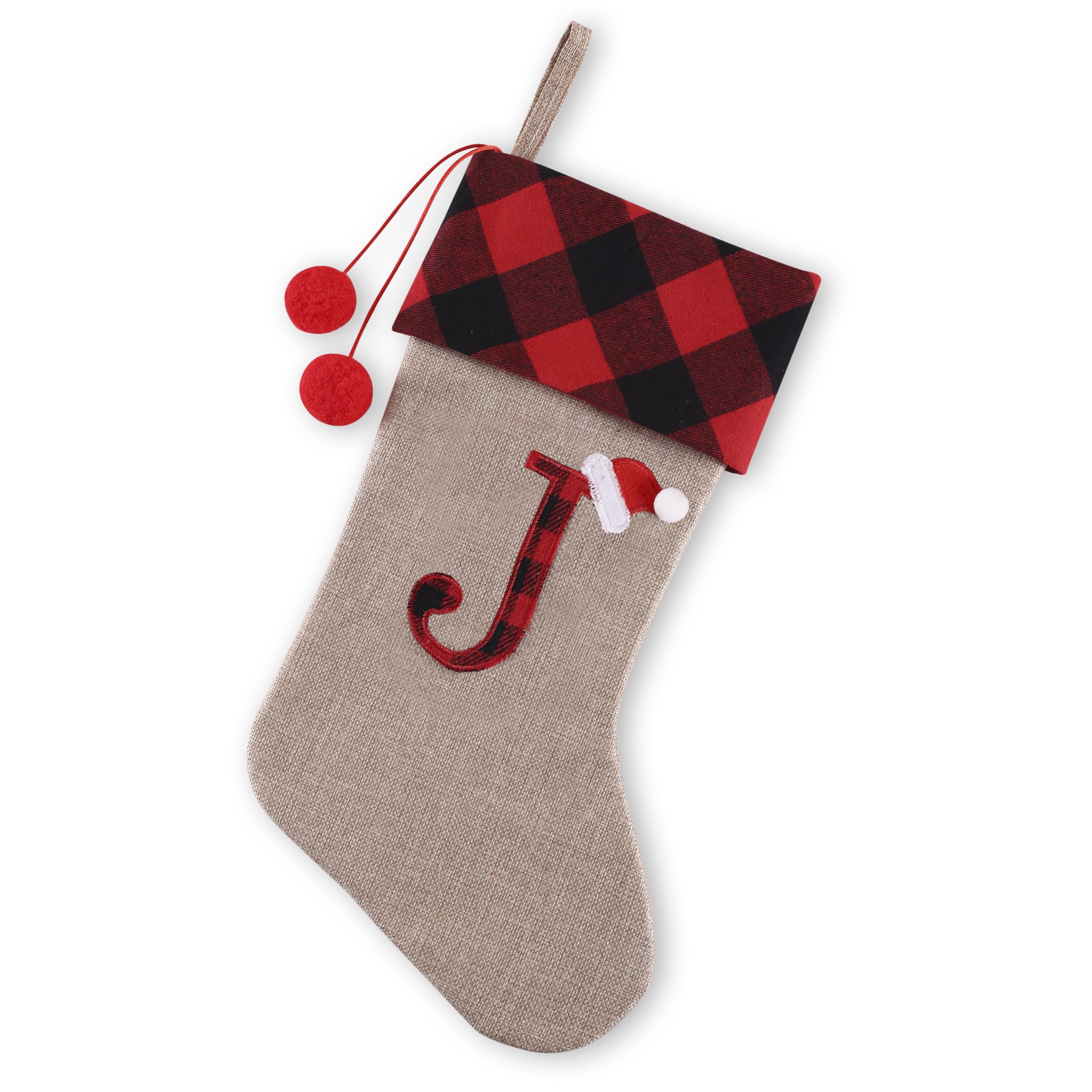 DYPUEYAK 20-Inch Rustic Linen Christmas Stocking Personalized Plaid Letter with Beige & Red Buffalo Plaid Cuff, Festive Holiday Decoration(Letter J)