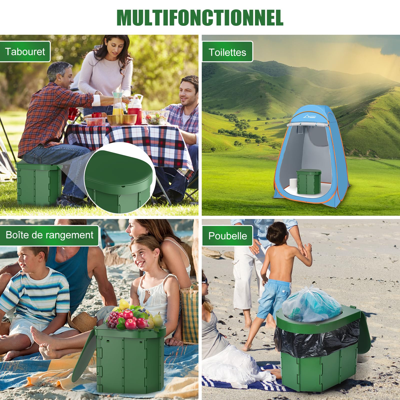 WADEO Toilettes de Camping Portables, Toilettes Pliantes pour Adultes, Toilettes de Camping Mobile avec Couvercle et Porte-Papier Toilette, pour Camping, Voyages, Embouteillages (Vert Foncé)