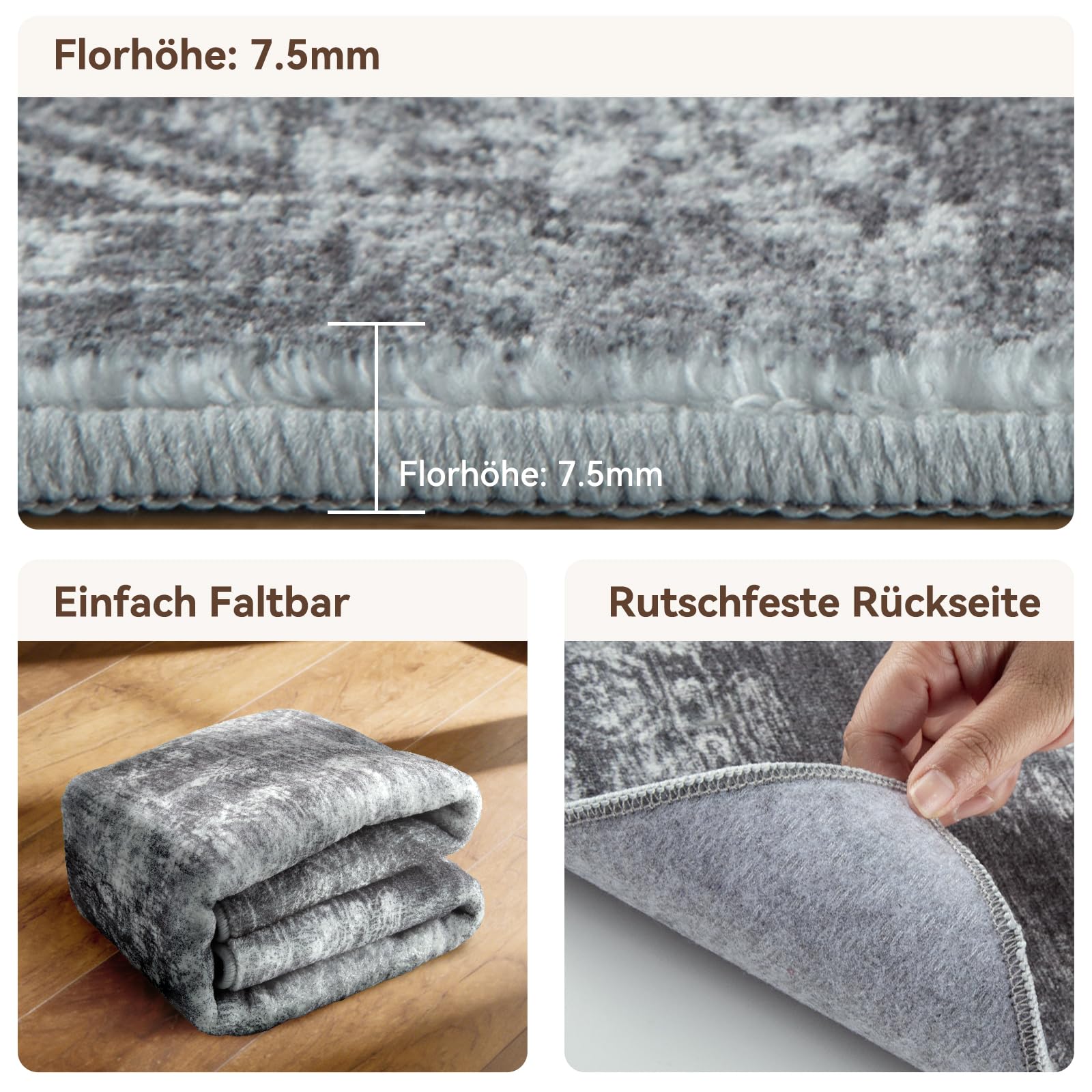 Waschbarer Teppich Läufer 60 x 240 cm, Läufer Flur rutschfest, Grau
