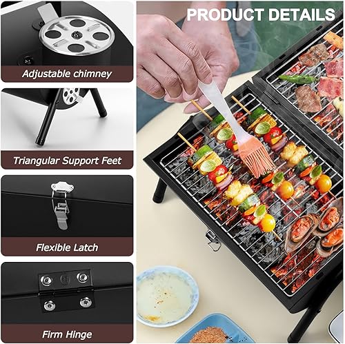 Miniatura 3 de HaSteeL Parrilla de carbón portátil, mini ahumador plegable para barbacoa al aire libre, pequeña parrilla de mesa ajustable con placa de asado y