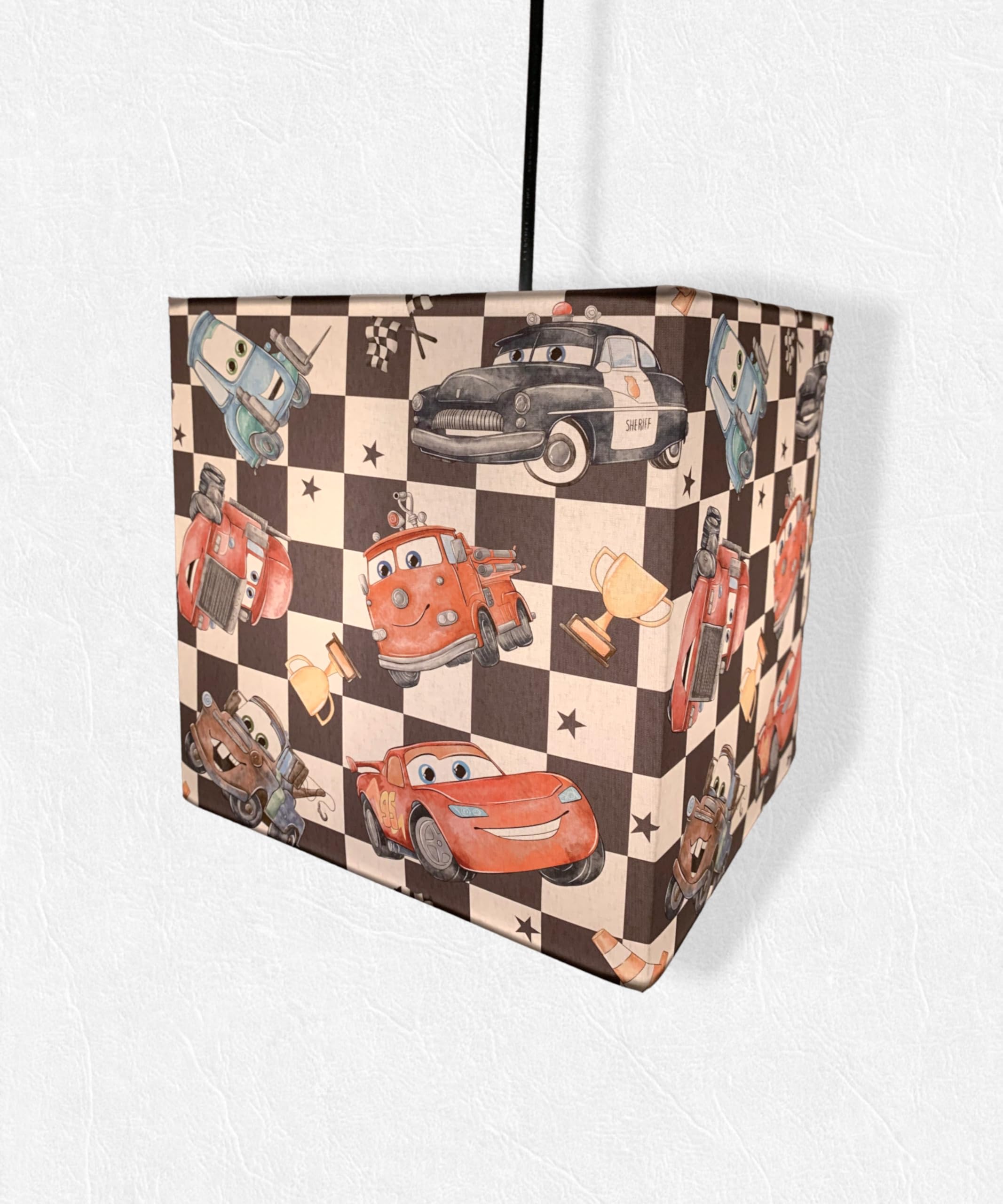 Handmade Kids Light Shade - Ceiling or Lamp Shade - Toys Cars with Chequered Flag Pattern (Table Lamp Shade)