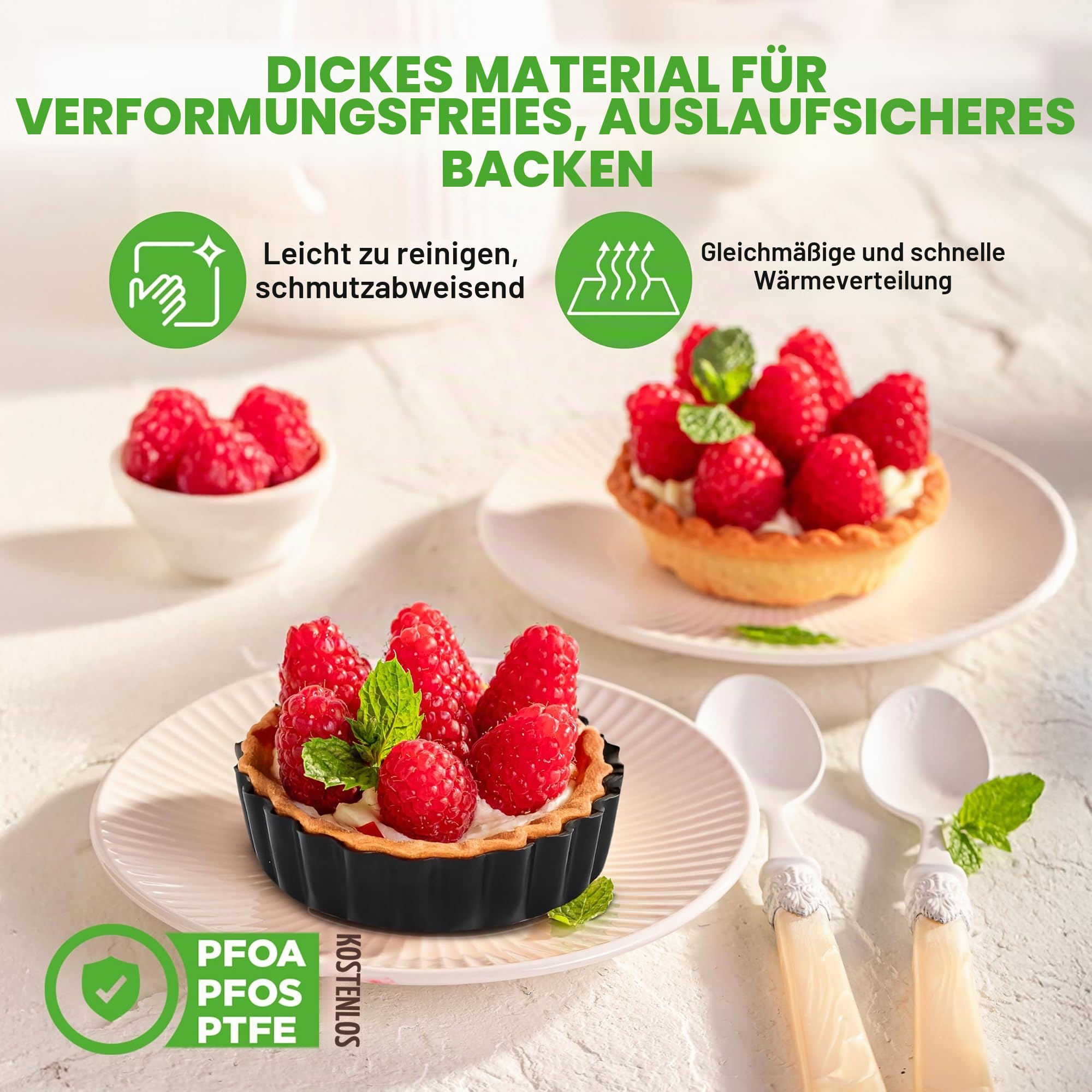 Nutrichef Tarteform Set – 10 Mini Tartelette Förmchen Ø10 cm mit Hebeboden aus Carbonstahl Antihaft Backform Rund, Inkl. 200 Backpapier Rund, Quicheform Spülmaschinen und Ofenfest