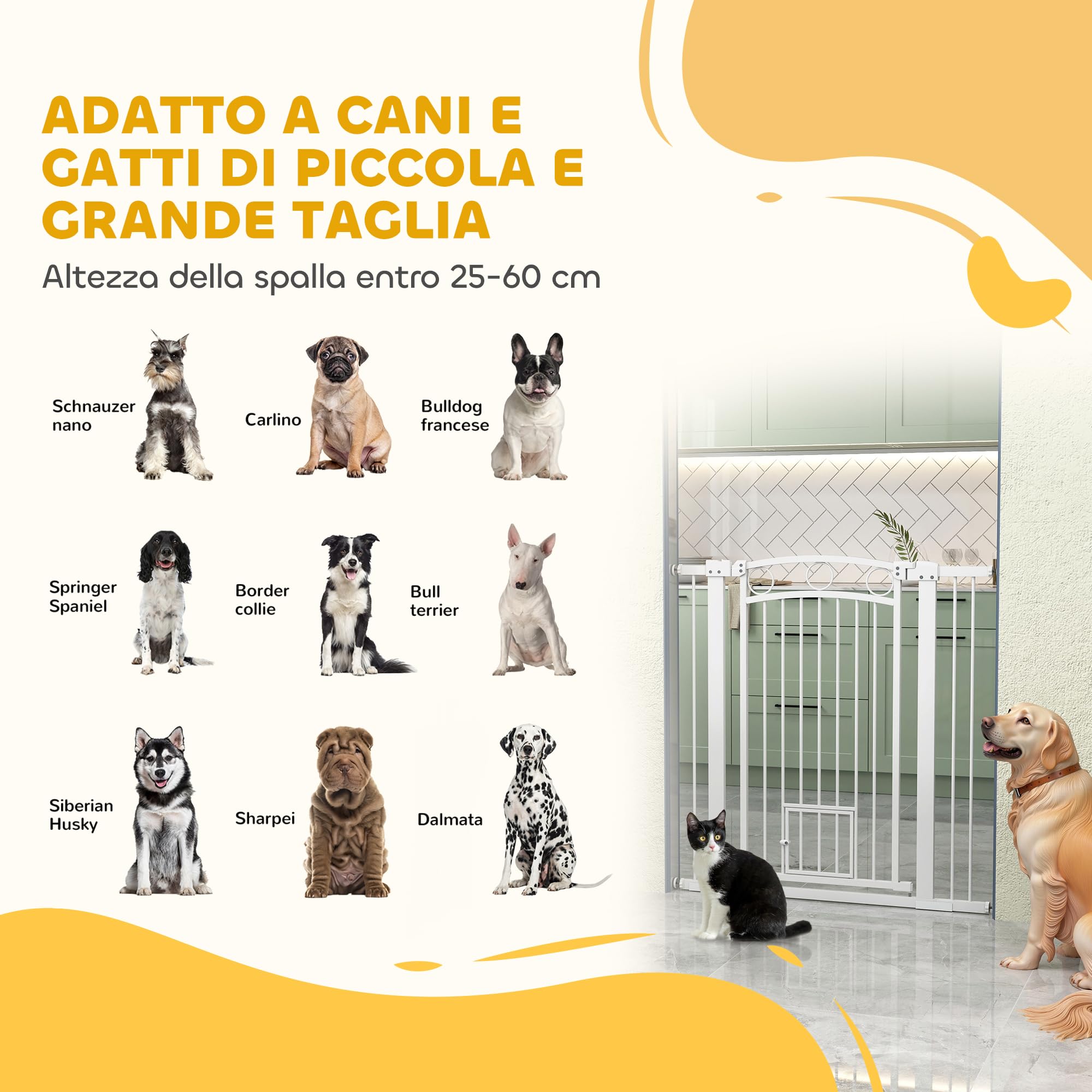 PawHut Cancelletto per Cani da Interno, Cancelletto di Sicurezza con 2 Estensioni 76-104 cm e Porta per Gatti, Cancello per Cani Animali Domestici Alto 106 cm per Corridoio e Scale, Bianco