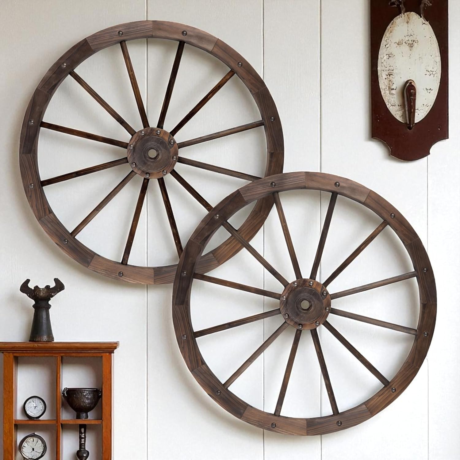 Shine Company 2-Pack 32" Indoor/Outdoor Decorative Rustic Farmhouse Garden Wagon Wheel Trellis Set, Oak