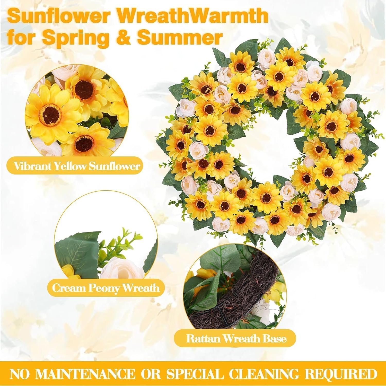 24 Inch Sunflower Wreaths for Front Door Spring Summer Wreaths with Lifelike Peony Sunflower Wreath Yellow Spring Door Wreath for Indoor Outdoor Mantel Window Wall Home Firplace Farmhouse Porch Decor
