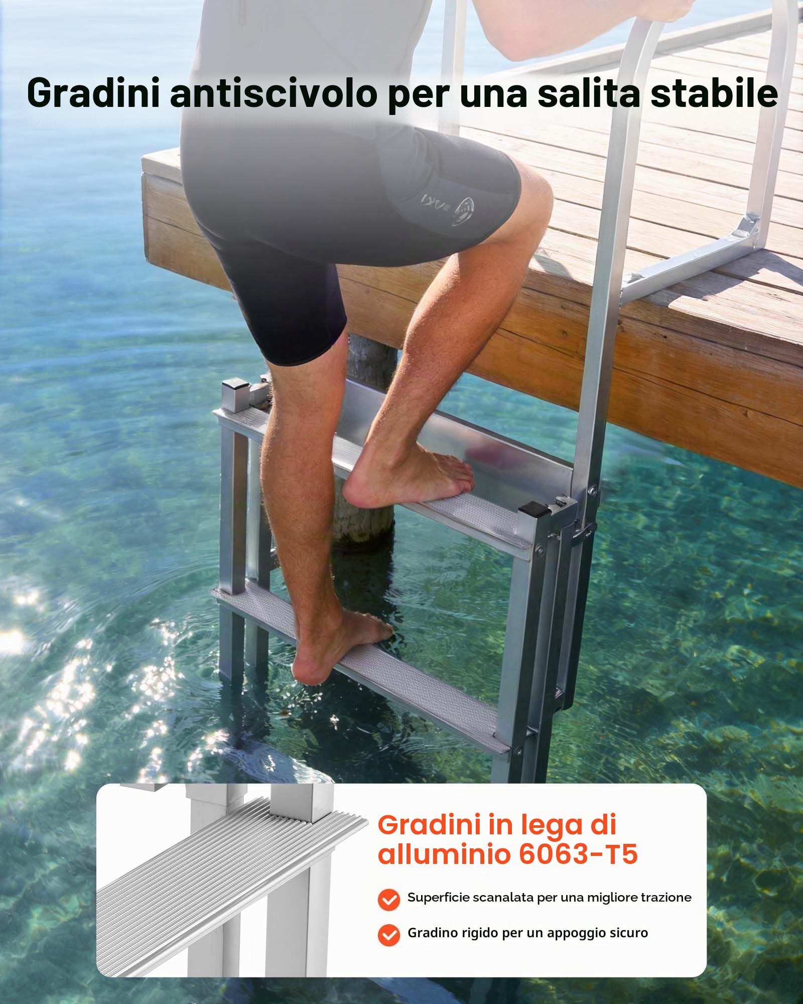 VEVOR Scaletta Telescopica per Molo, Scaletta Dritta Retrattile da Pontile, 4 Gradini Antiscivolo in PP, Portata Massima 227 kg, Struttura in Lega di Alluminio, Sistema Galleggiante Auto-Sollevante