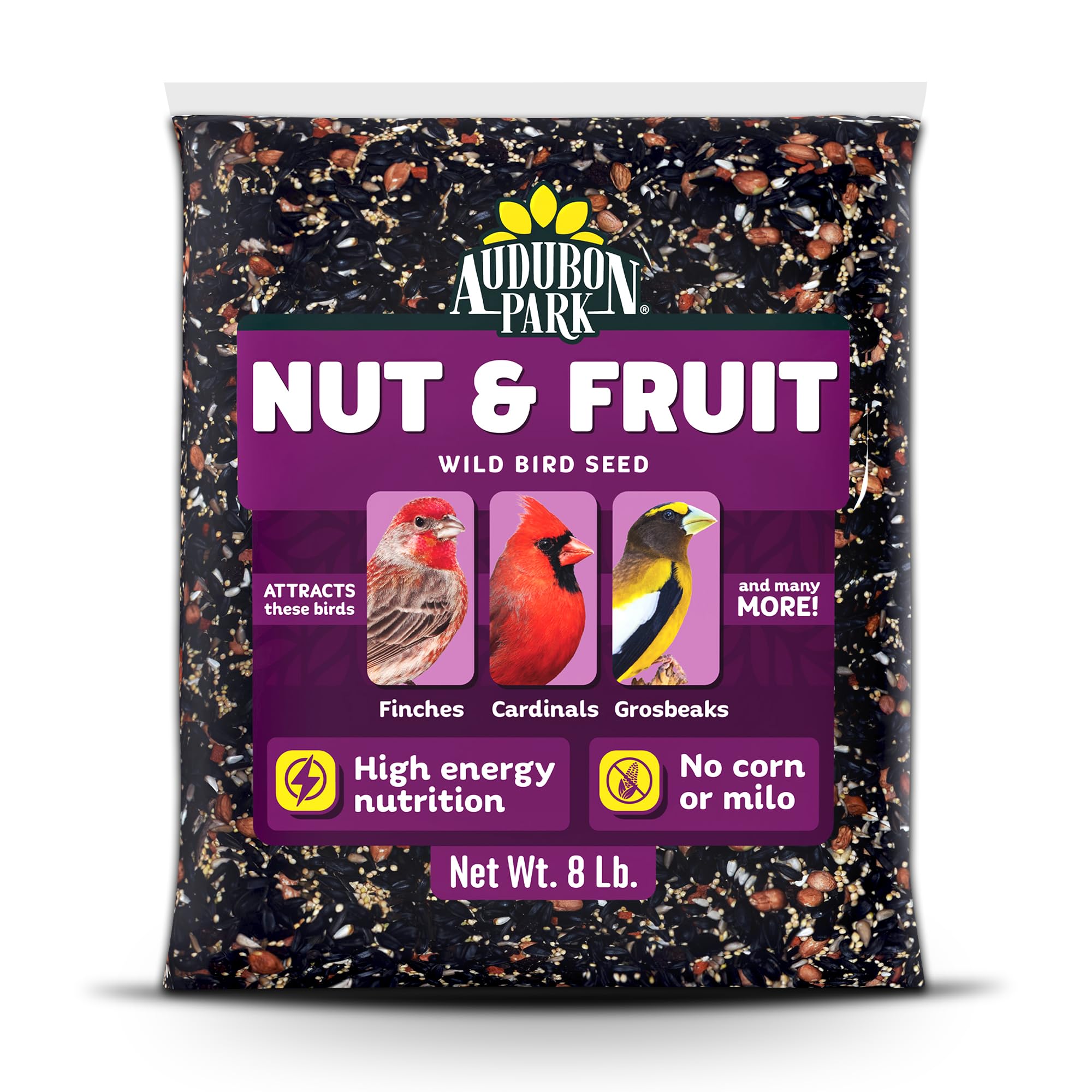 Audubon Park Nut & Fruit - Semilla de Aves Silvestres – 8 Libras Mezcla Premium con Semillas de Girasol, Cacahuetes, cártamo y Frutas secas - Alimento para pájaros para comederos Exteriores