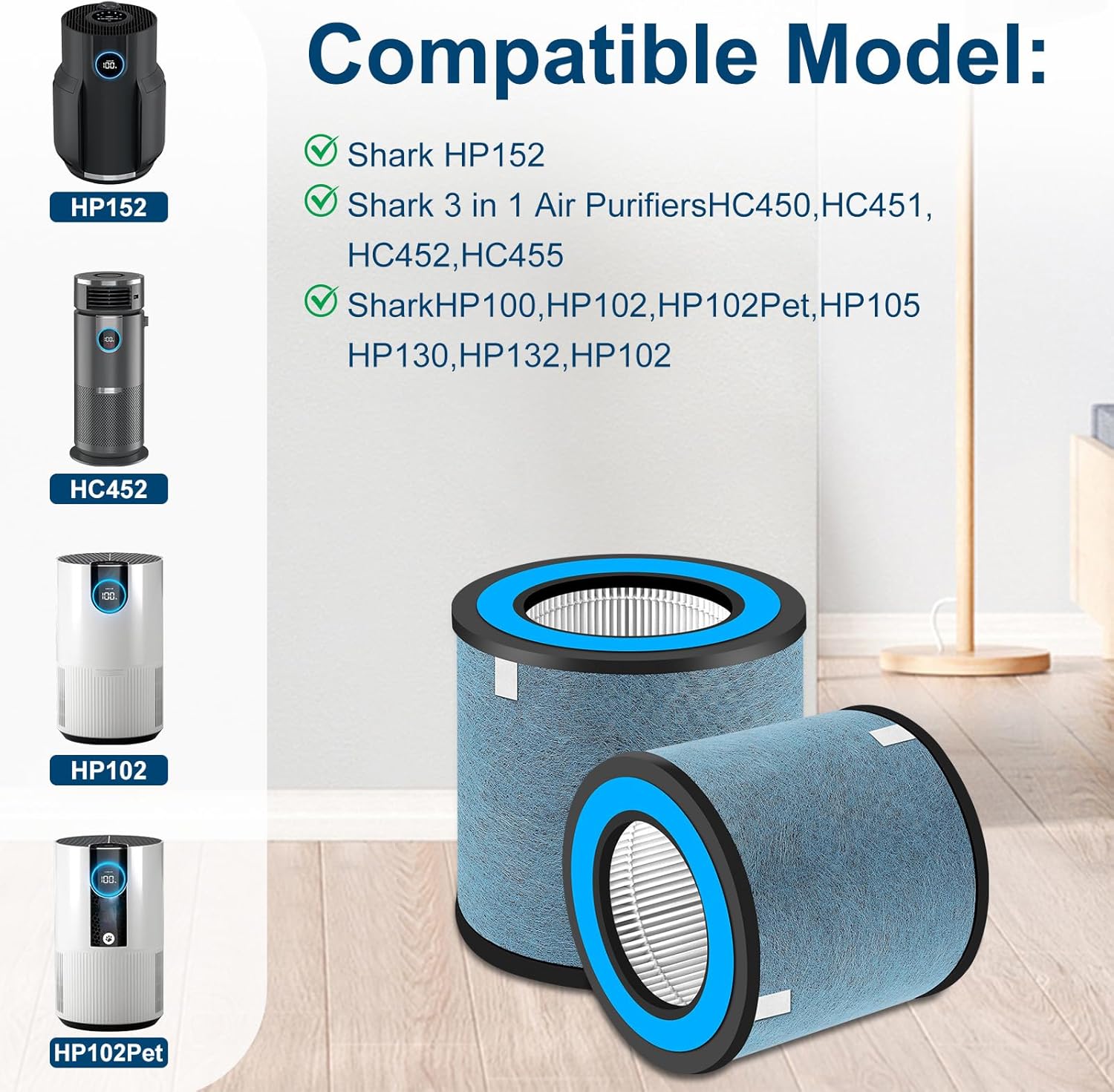 HP152 Replacement Filter 2 Pack Compatible with Shark HP100 HP102,HP132,HP152, HP102PET & HC450, HC451, HC452, HC455 Air Pu-rif-ier,Compare Part # HE1FKPET, HE1FKBAS