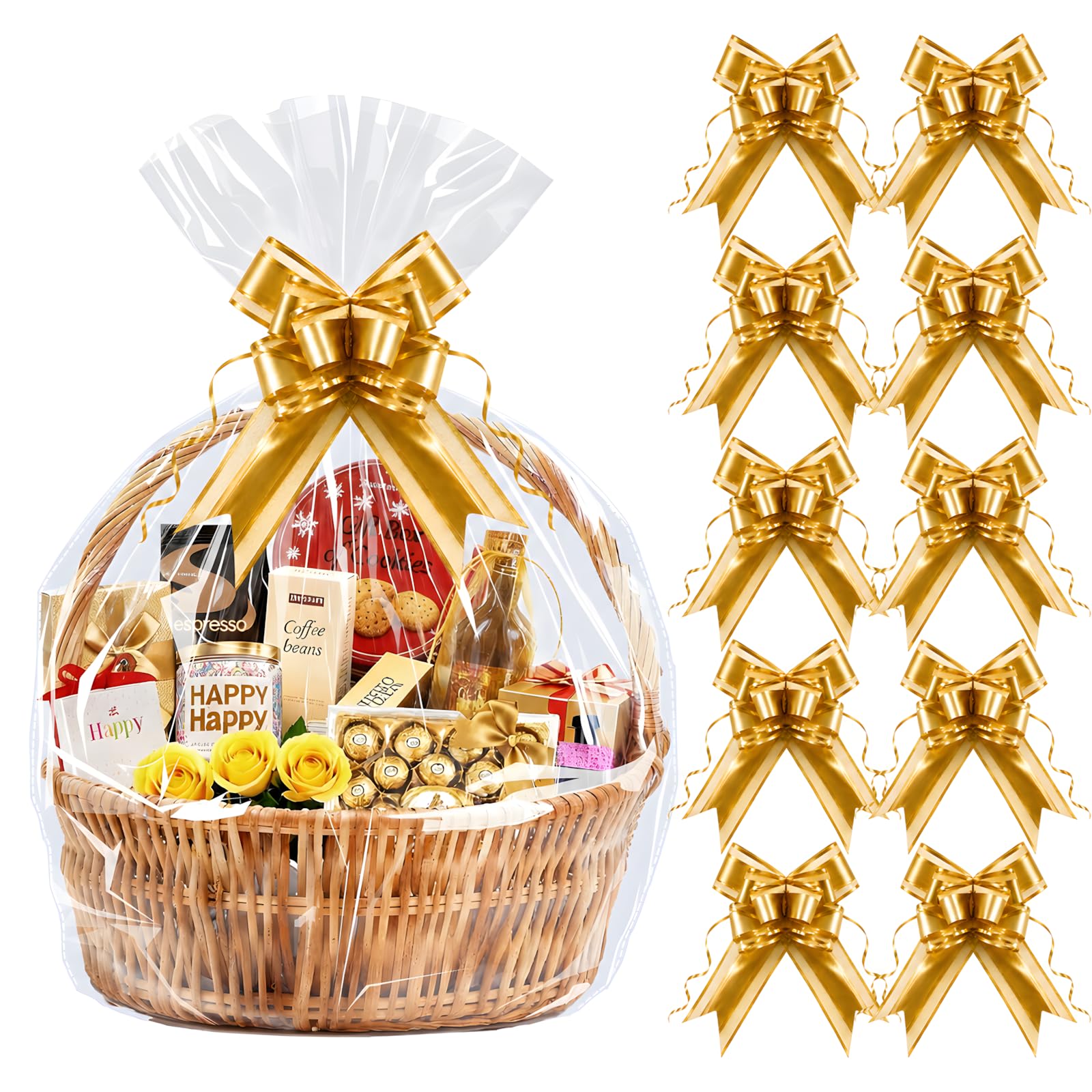 Cellophane Bags for Gift Baskets 24x30 in, 10 PCS Clear Gift Bags, 10 Bows