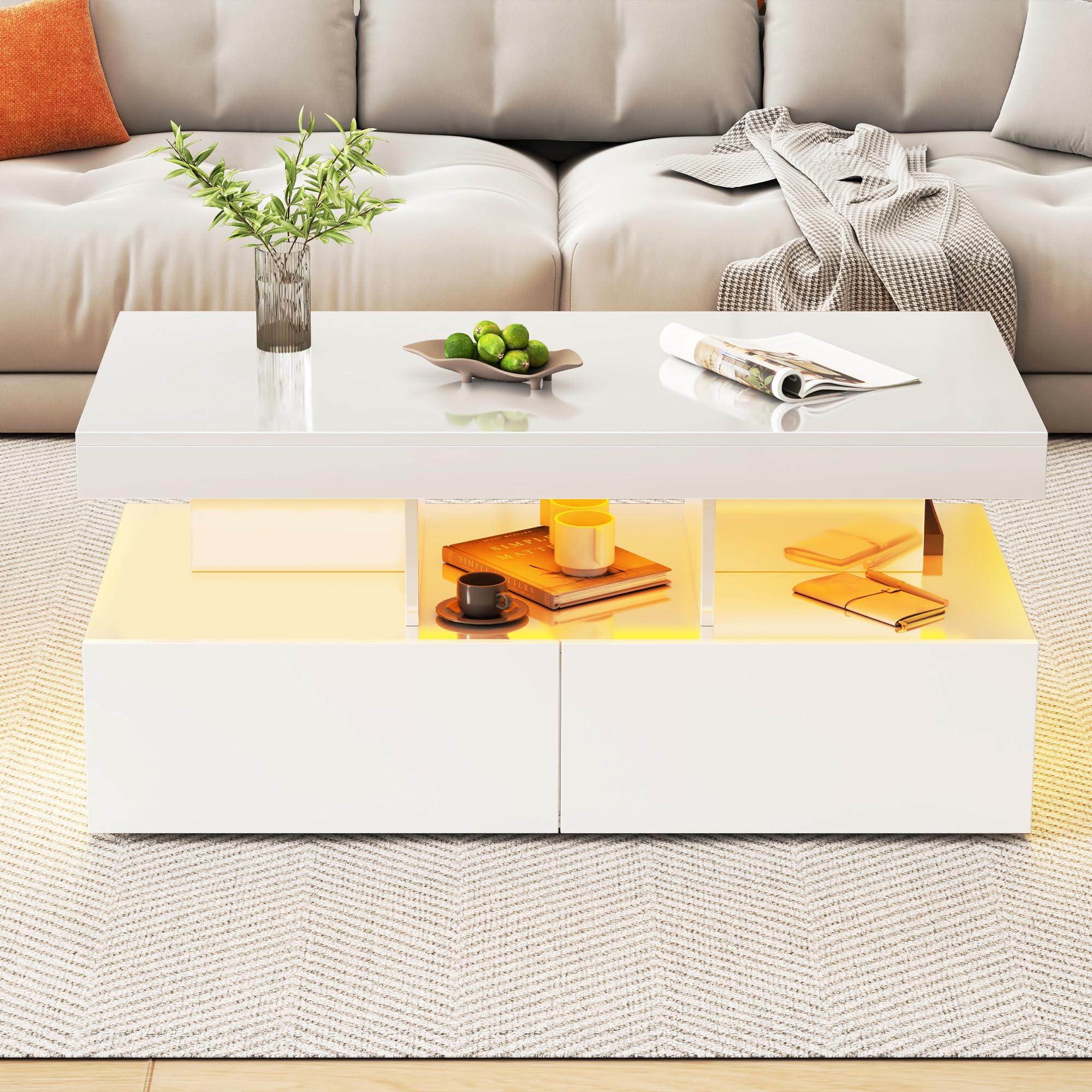 Tavolino da salotto, bianco, lucido, con illuminazione a LED RGB, tavolino con 2 cassetti, tavolino con vano portaoggetti, moderno, superficie liscia, 104 x 46 x 53 cm (bianco)