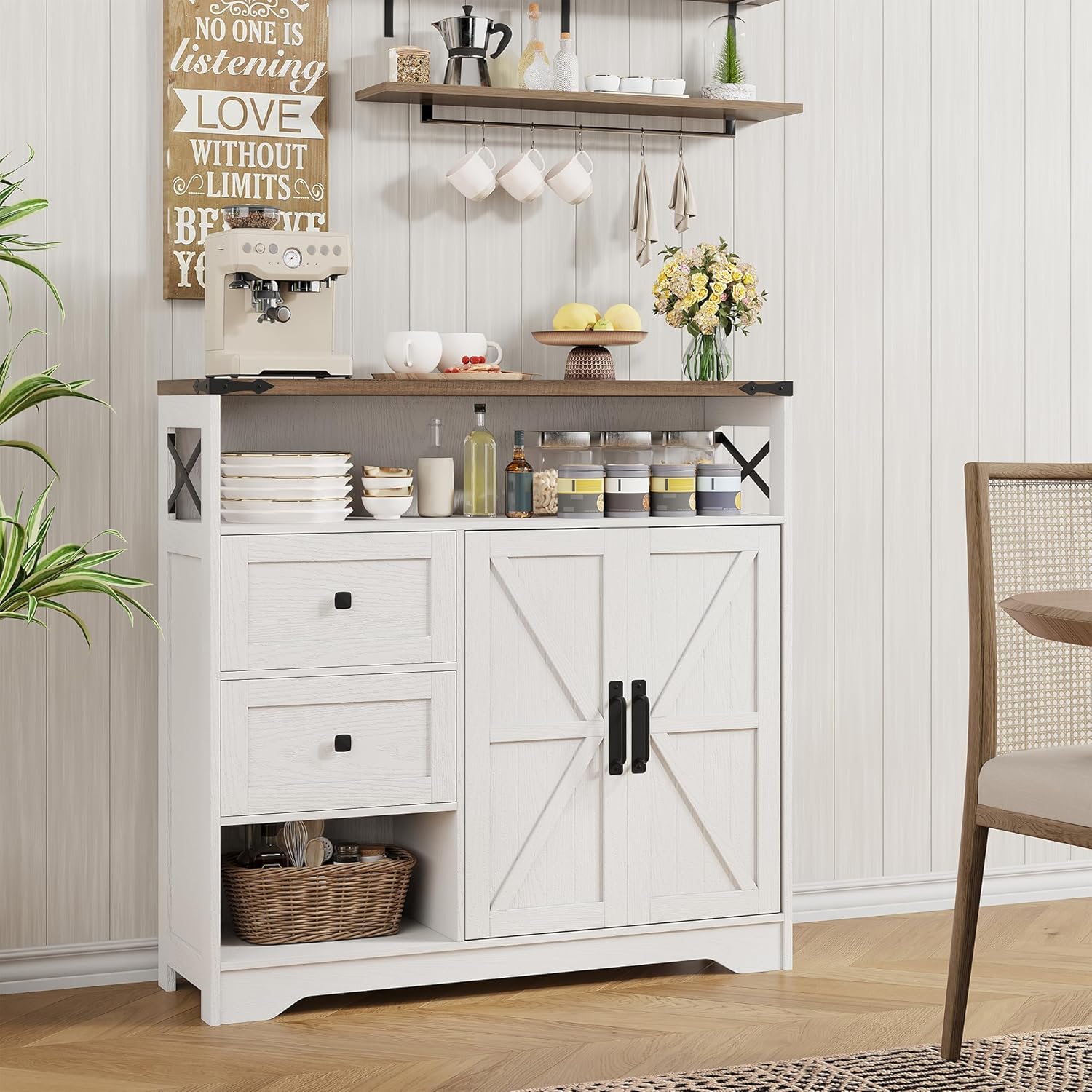 Vabches Farmhouse Buffet Sideboard Cabinet with Drawers and Open Shelf, 38.5" Storage Cabinet with Adjustable Shelves and Door, Modern Coffee Bar Hutch Pantry for Kitchen, Living Room, Entryway, White