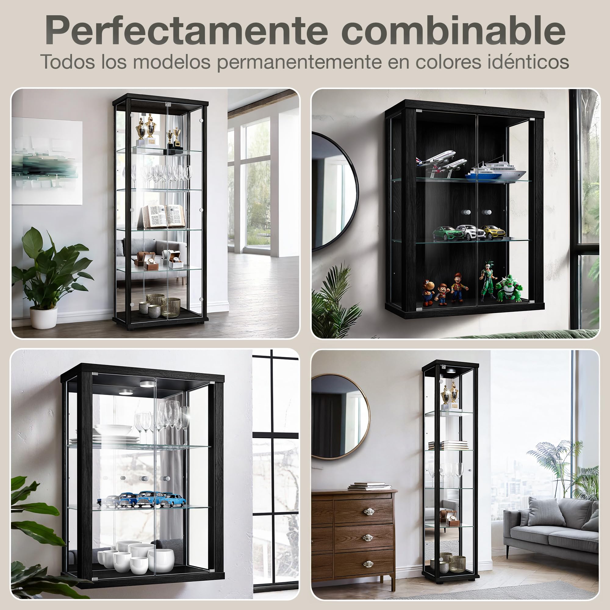 Vitrina de Cristal en Negro (176x37x33 cm) con 4 estantes de Cristal Regulables en Altura,LED - Vitrina para maquetas de Coches Negro - Vitrina de exposición