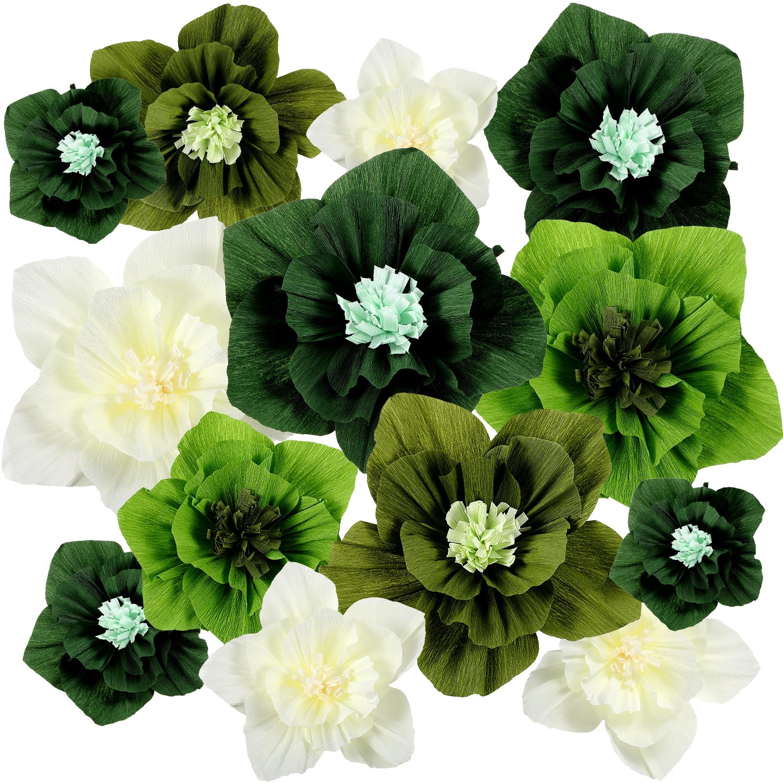Cholemy 24 Pcs Tissue Paper Flowers, Crepe Paper Flowers Decorations 8" 10" 12" for Wedding Party Baby Bridal Shower Carnival Party Birthday Nursery Wall Decor (Green Series)