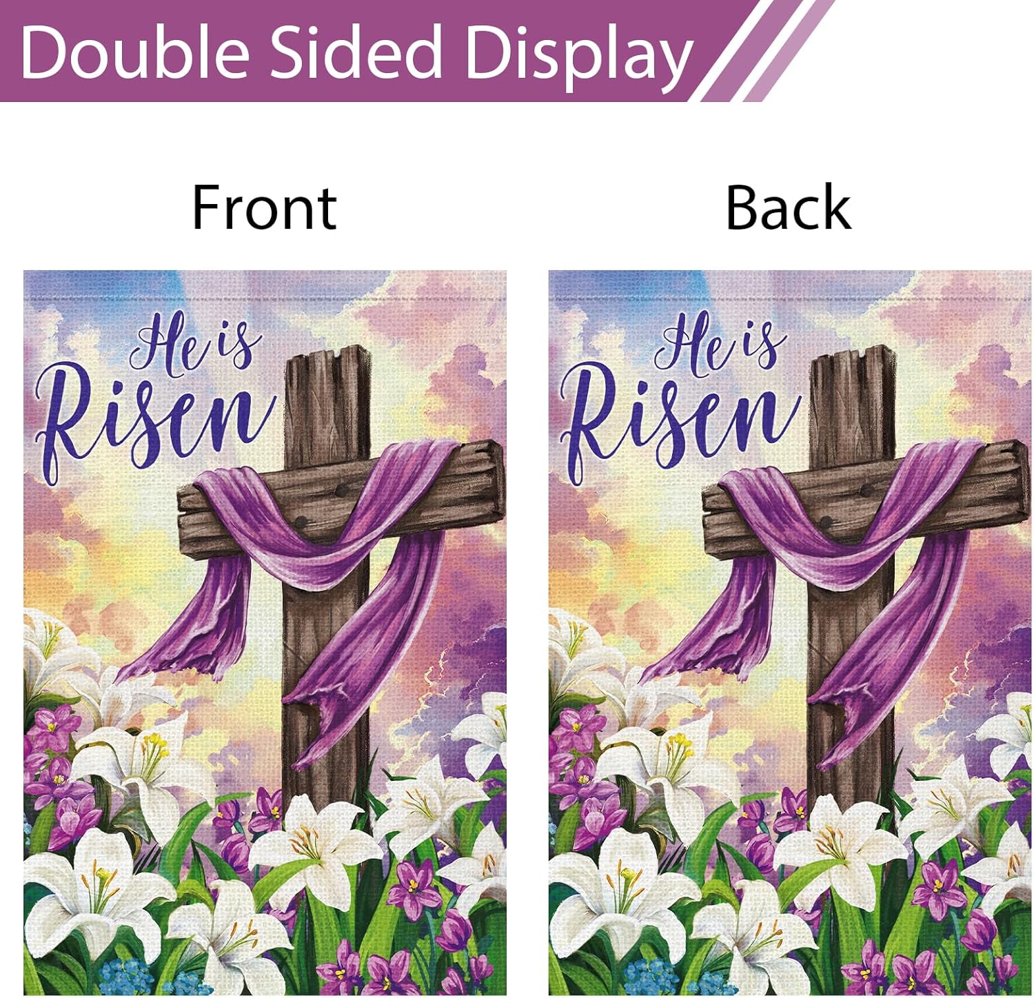 Heyfibro He is Risen Easter Cross Garden Flag 12x18 Double Sided Burlap, Lily Flower Spring Yard Banner for Holiday Farmhouse Jesus Religious Outdoor Decor(ONLY FLAG) - Image 6