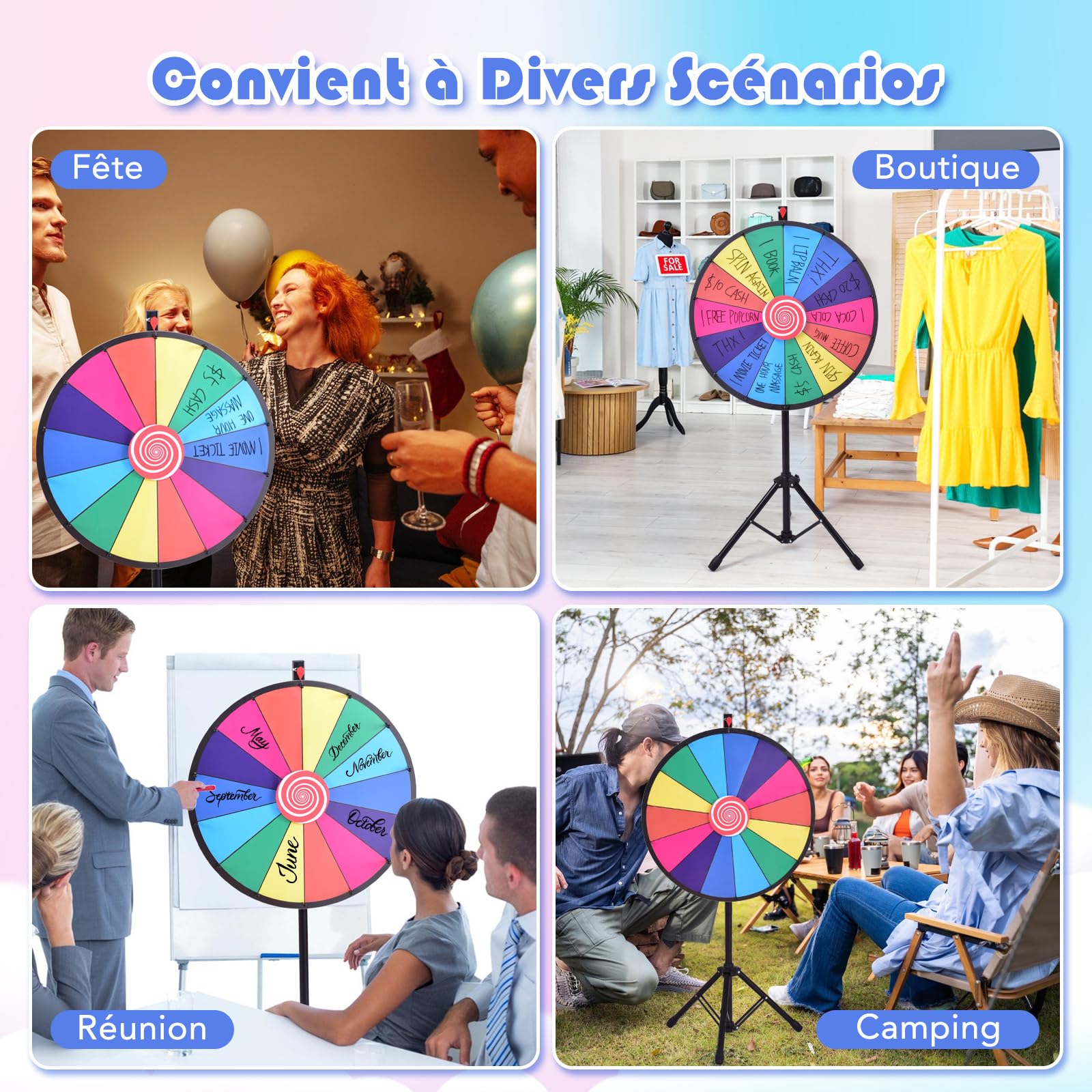 GOPLUS Roue de la Fortune 24 Pouces sur Pied, Prize Wheel 14 Grilles, Hauteur Réglable, avec Stylo Effaçable, Gomme et Pointeur, Trépied Stable et Antidérapant, pour Fêtes, Loterie et Activités
