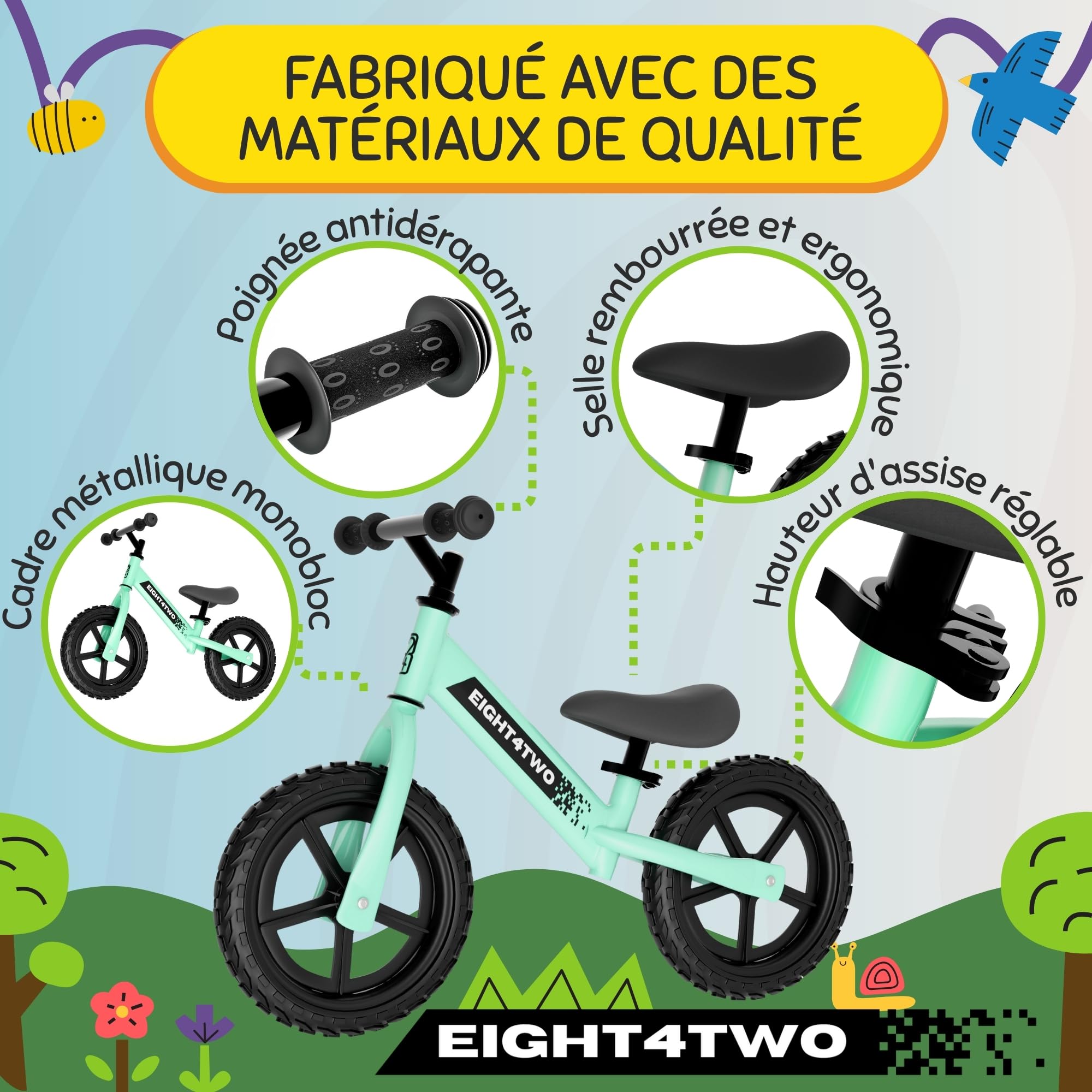 EIGHT4TWO Vélo sans pédales pour enfant 2, 3, 4 et 5 ans, idéal pour équilibre, jouets pour enfants de 2, 3, 4 et 5 ans.