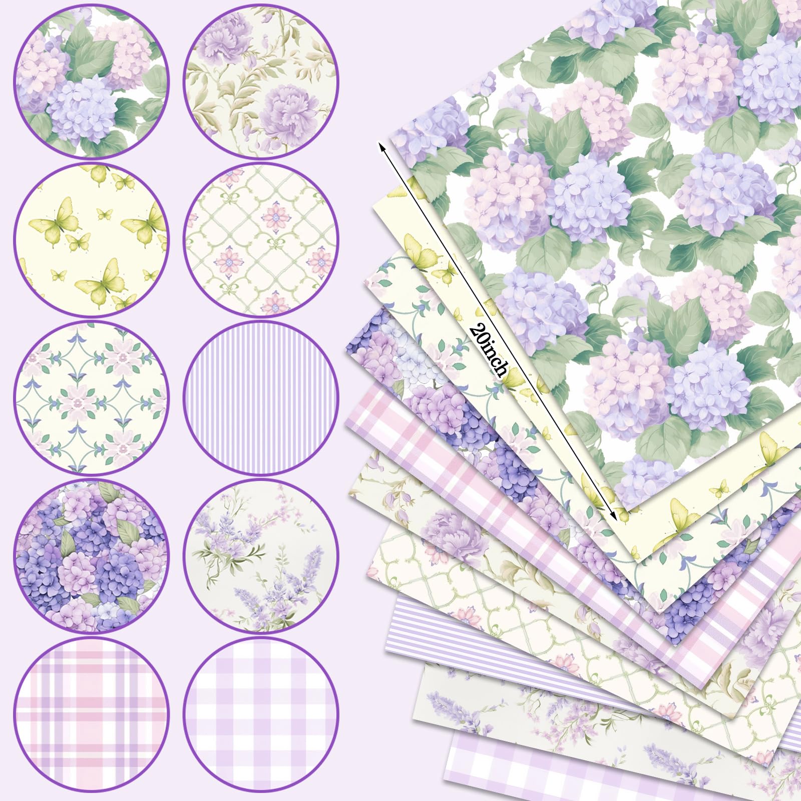Tudomro 10 Pcs Hydrangea Floral Fabric Squares 20 x 20 Inch Cotton Vintage Purple Floral Quilting Fabric Butterfly Gingham Fat Quarters Bundles Spring Precut Patchwork for Sewing Quilting DIY Crafts — view 2